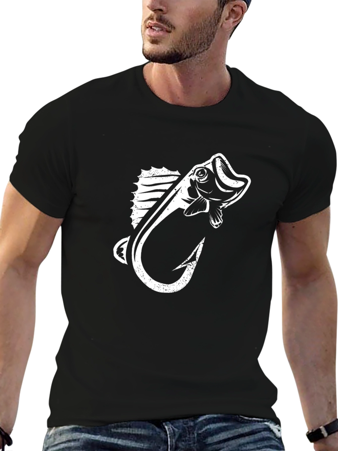 Fishing Hook & Bass Graphic Tee - Black