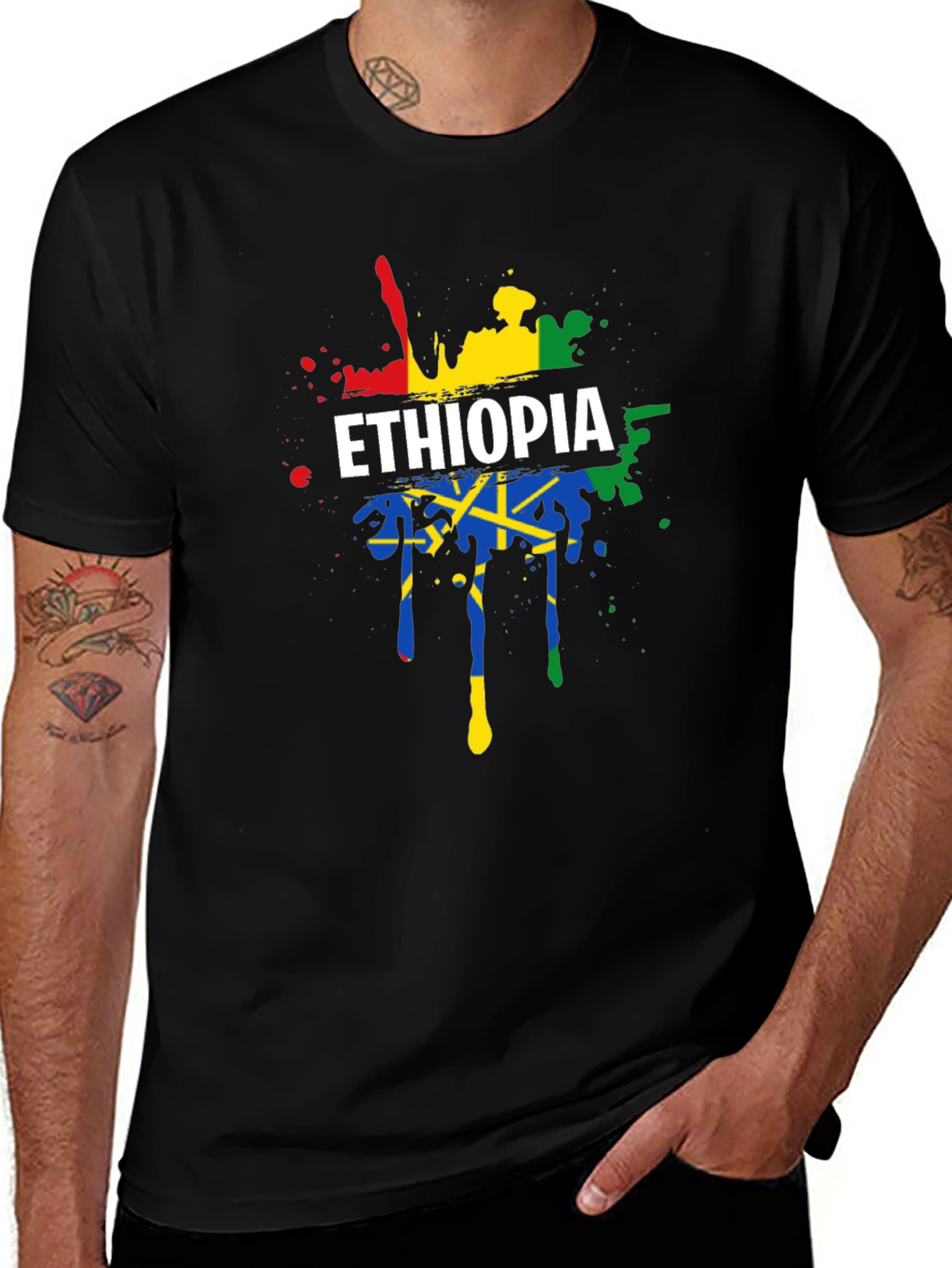 Ethiopia Flag Splatter Graphic Tee - Black