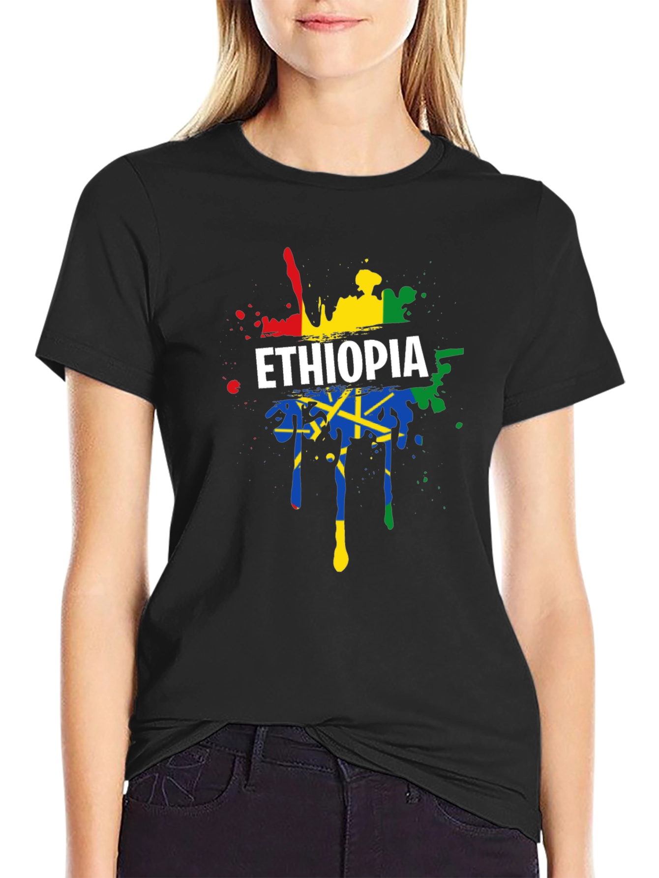 Ethiopia Flag Splatter Graphic Tee - Black