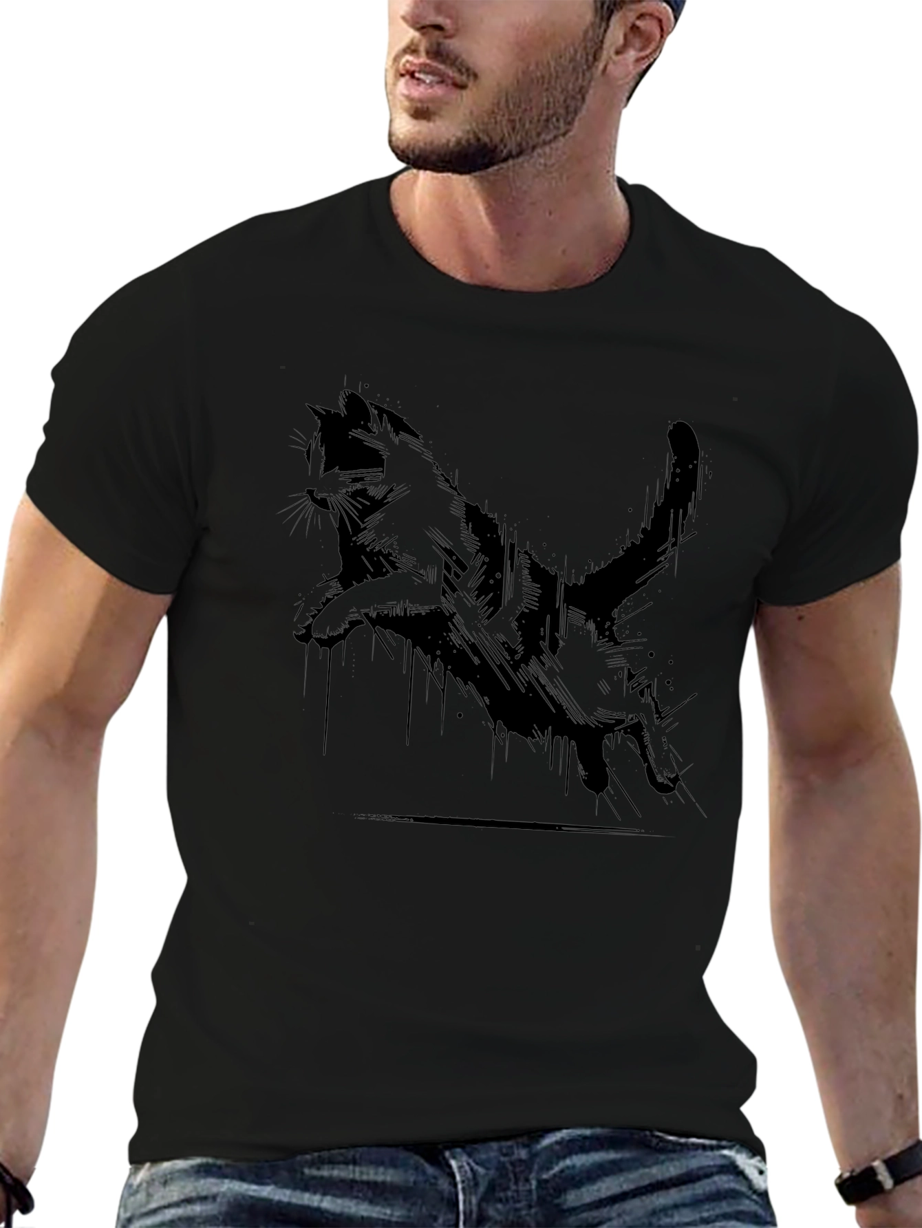 Cool Cat Print Black T-Shirt