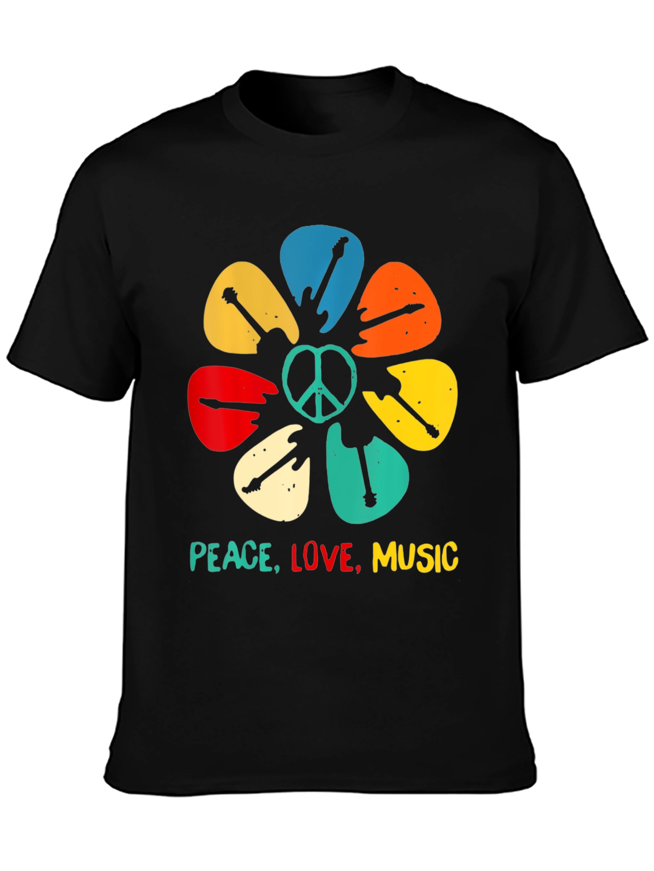 Peace Love Music Guitar Pick Flower T-Shirt