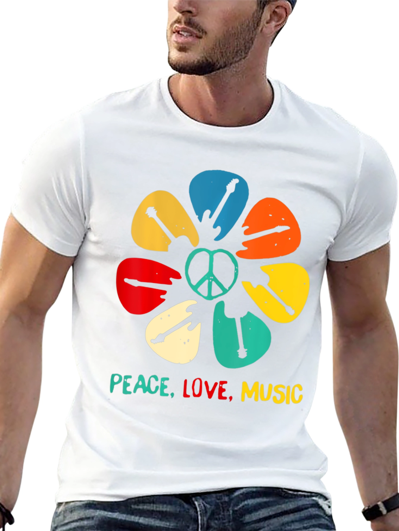 Peace Love Music Guitar Pick Flower T-Shirt