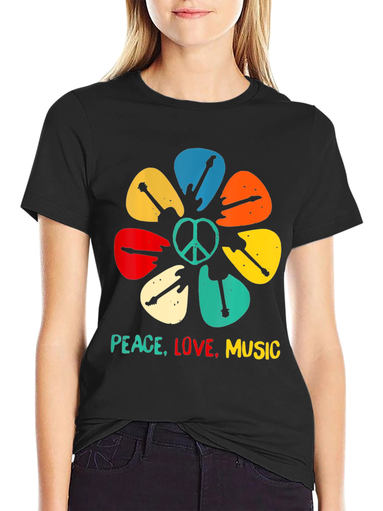 Peace Love Music Guitar Pick Flower T-Shirt