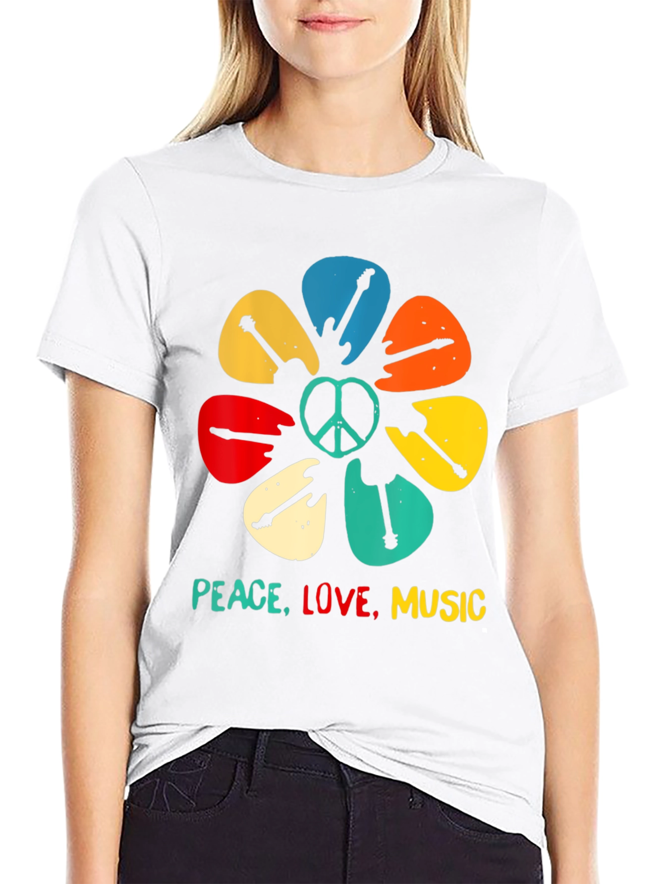 Peace Love Music Guitar Pick Flower T-Shirt