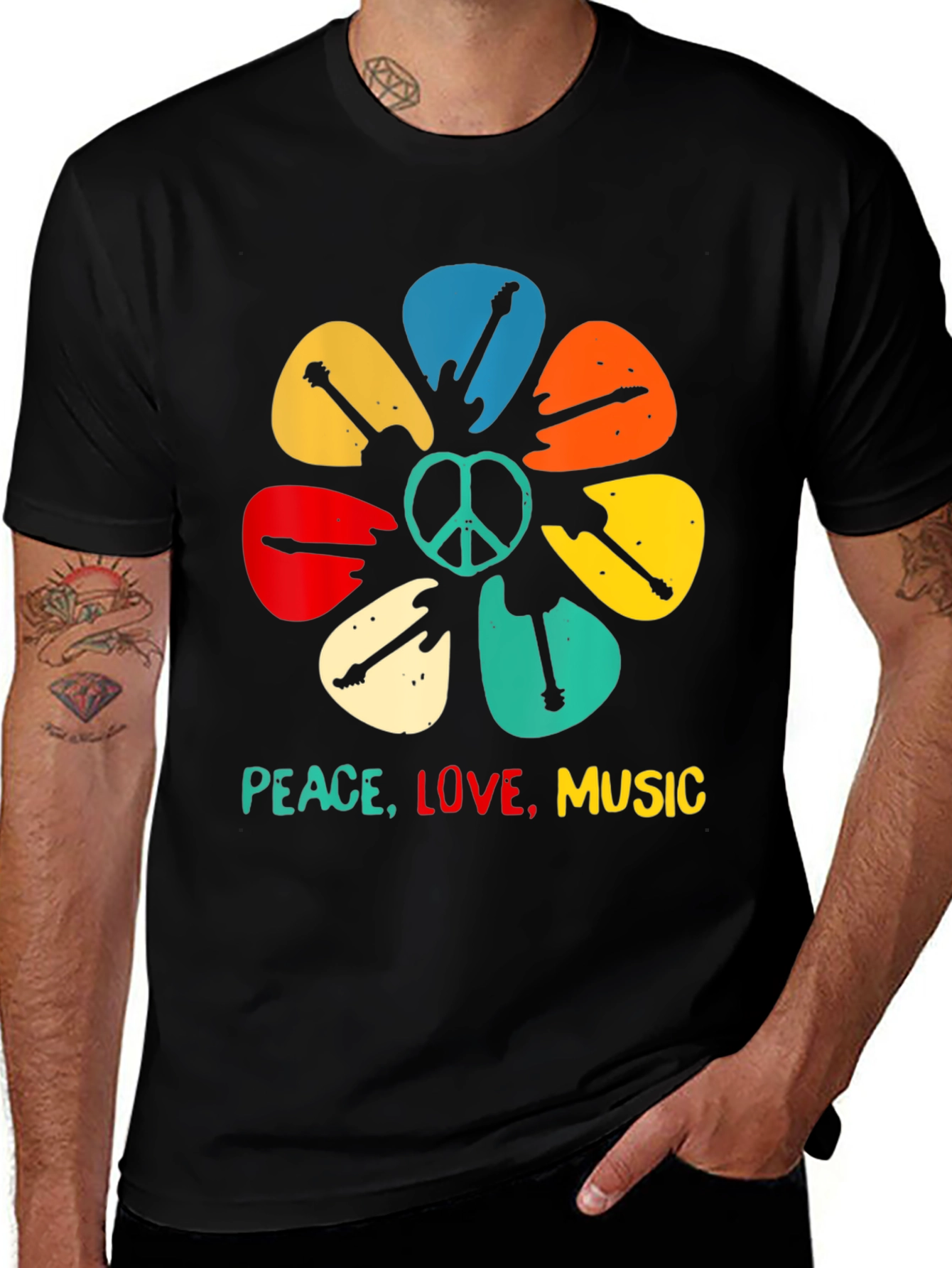 Peace Love Music Guitar Pick Flower T-Shirt