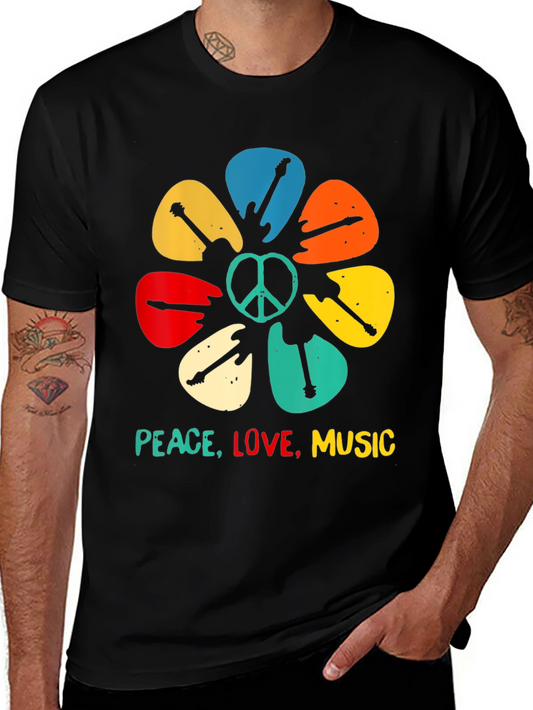 Peace Love Music Guitar Pick Flower T-Shirt