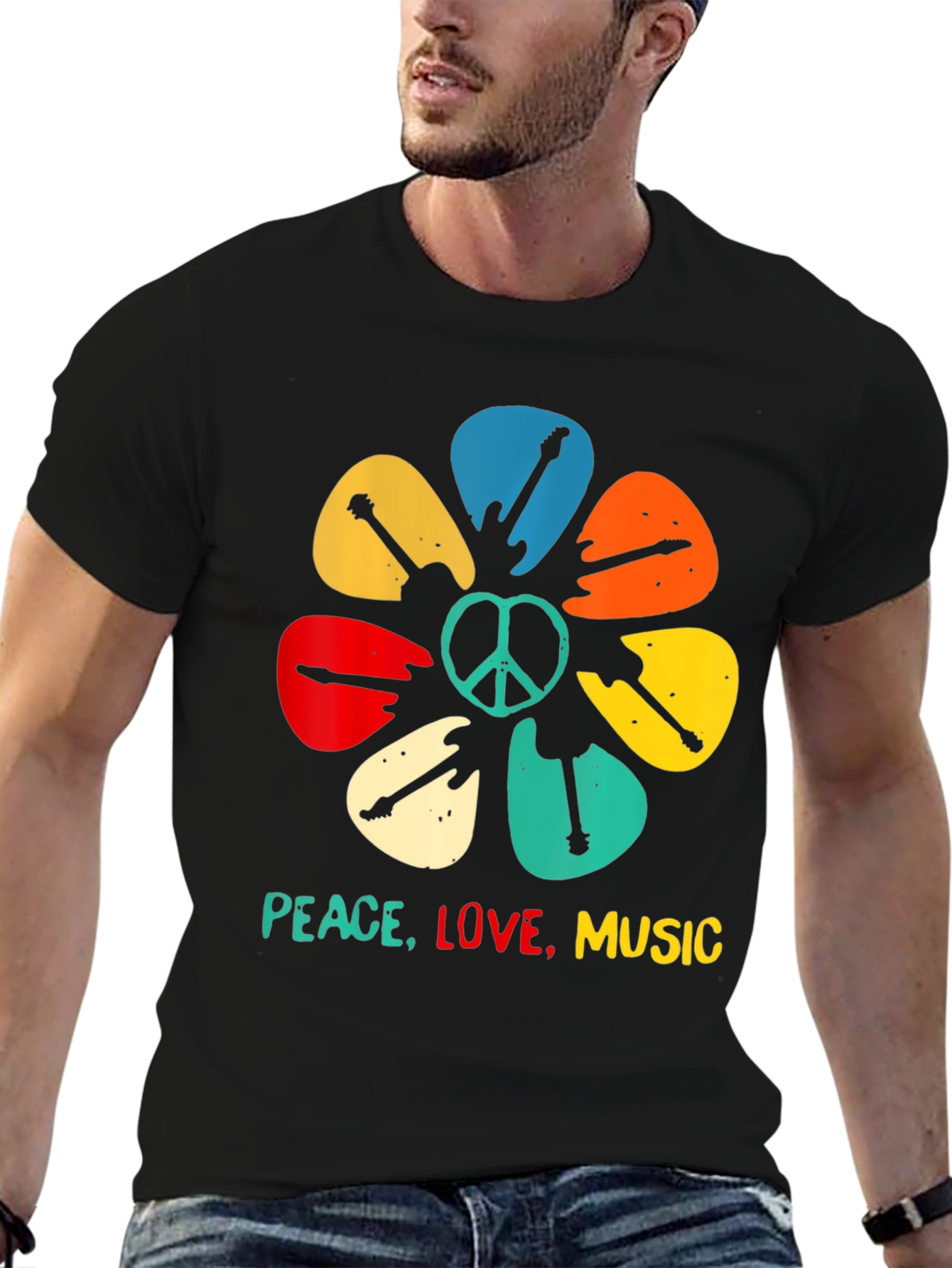 Peace Love Music Guitar Pick Flower T-Shirt
