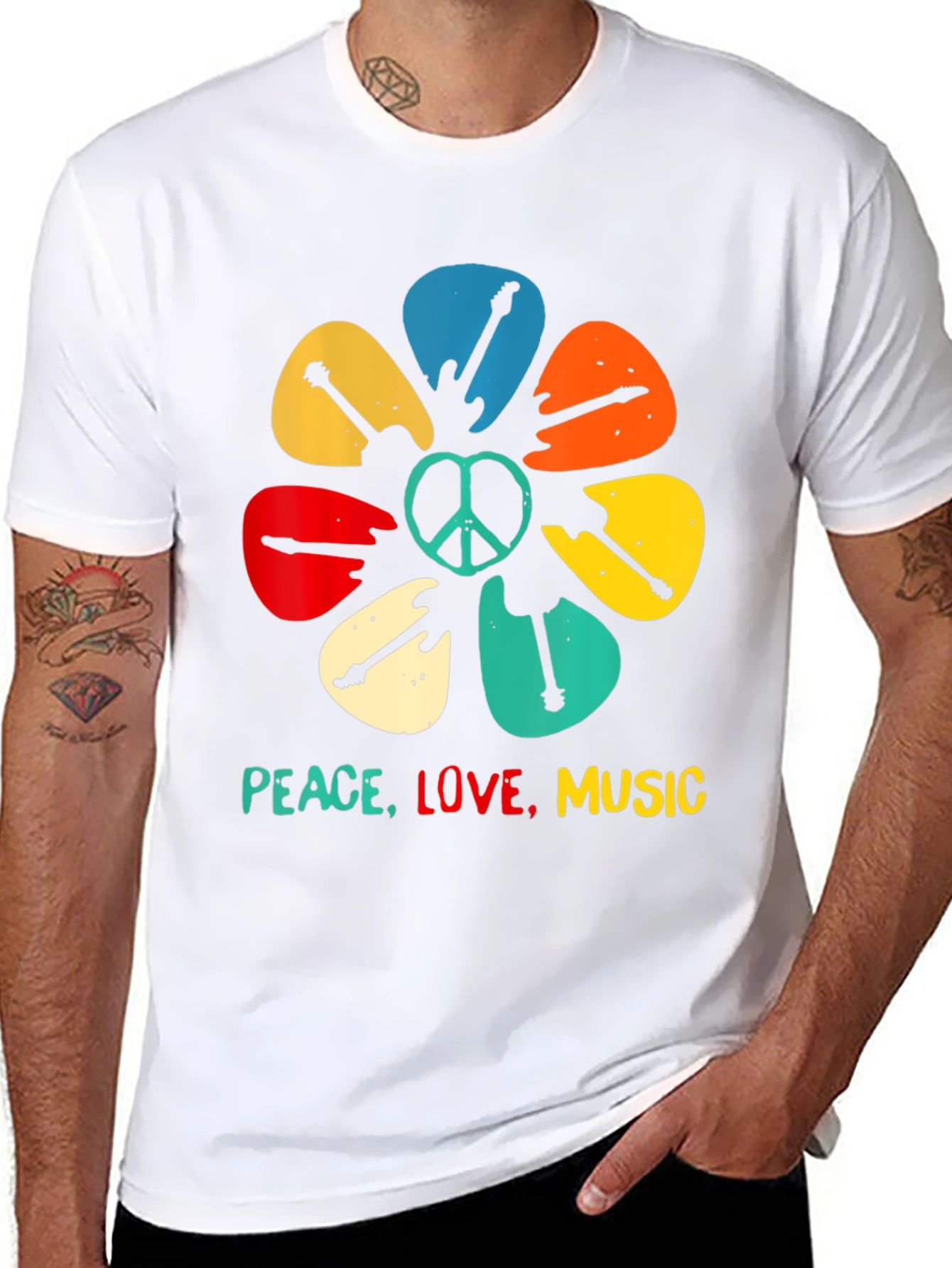 Peace Love Music Guitar Pick Flower T-Shirt