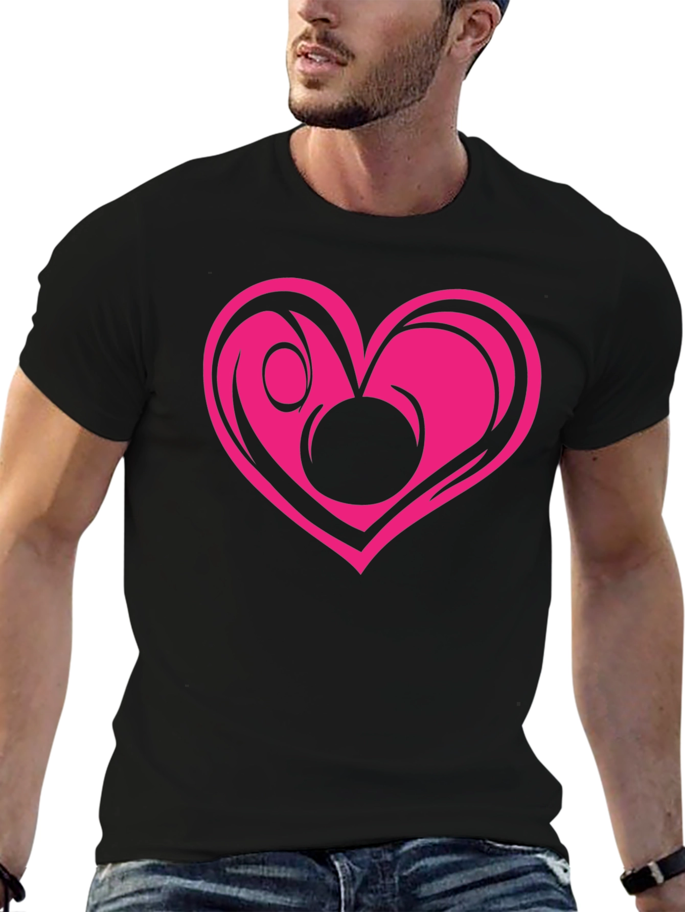 Black T-Shirt with Pink Heart Graphic