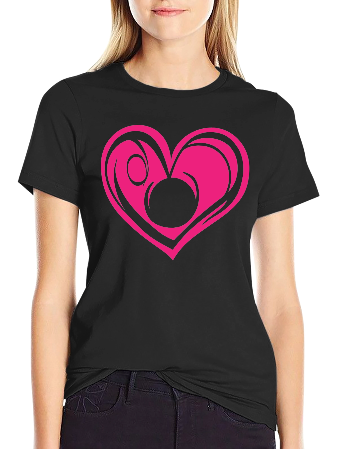 Black T-Shirt with Pink Heart Graphic