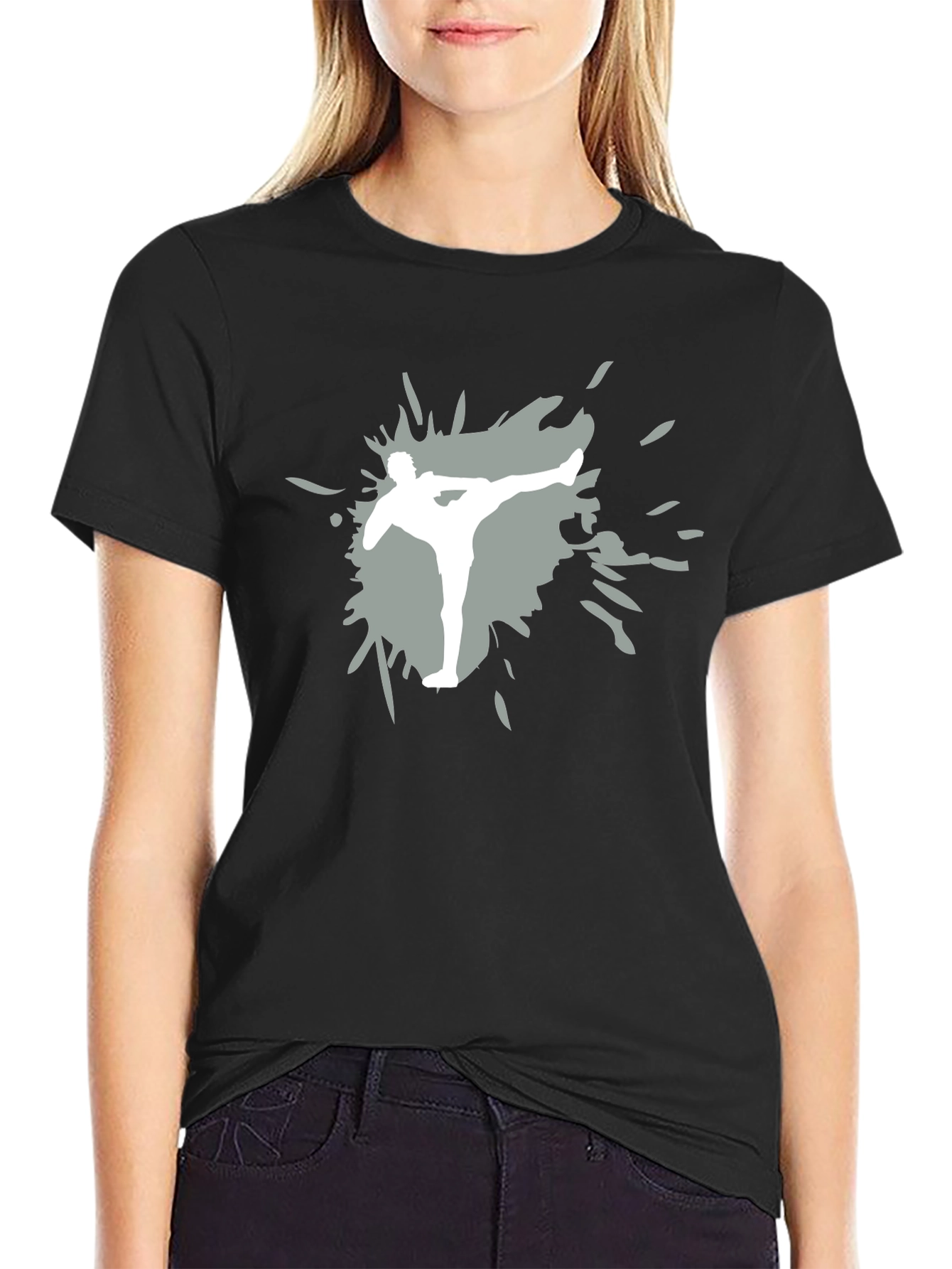 Martial Arts Kick Graphic Tee - Black Cotton Shirt