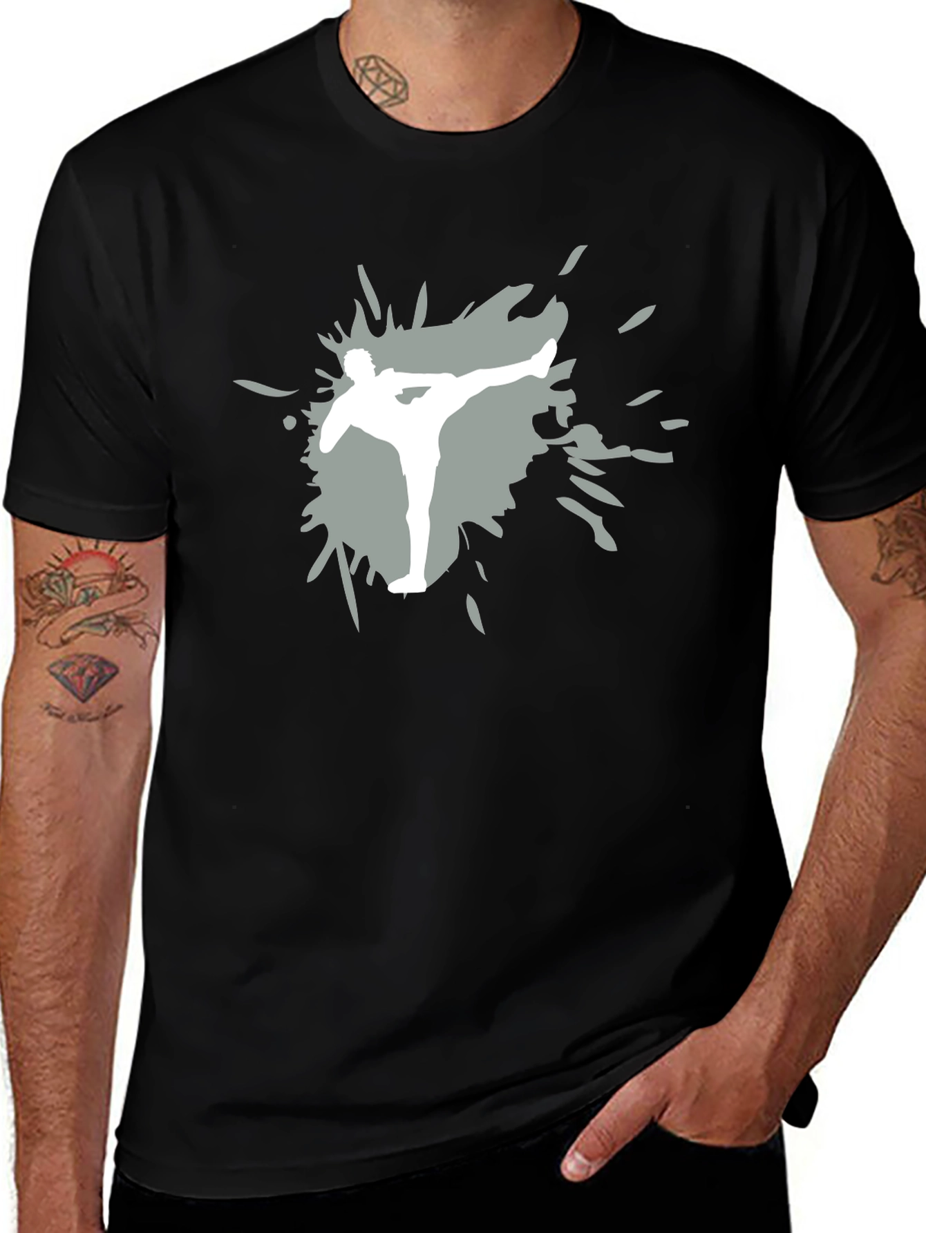 Martial Arts Kick Graphic Tee - Black Cotton Shirt
