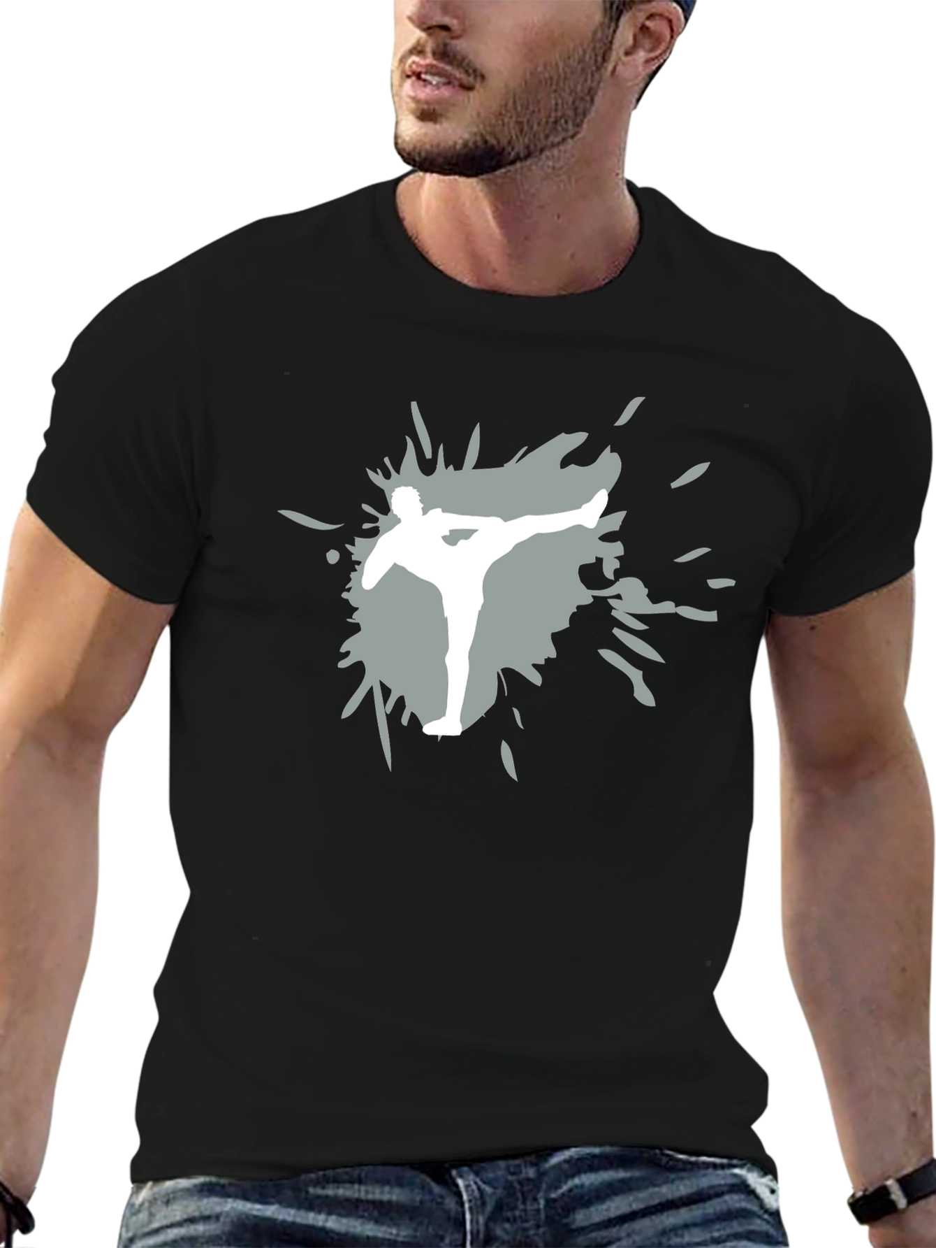 Martial Arts Kick Graphic Tee - Black Cotton Shirt
