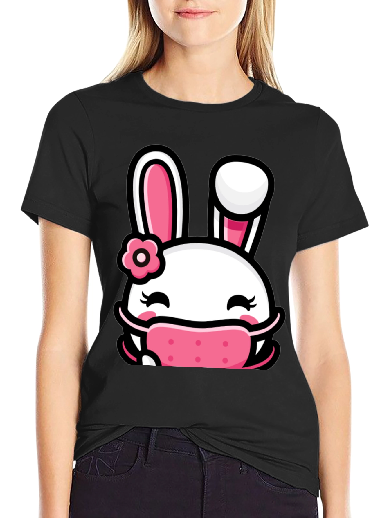 Bunny Face Mask Graphic T-Shirt - Black
