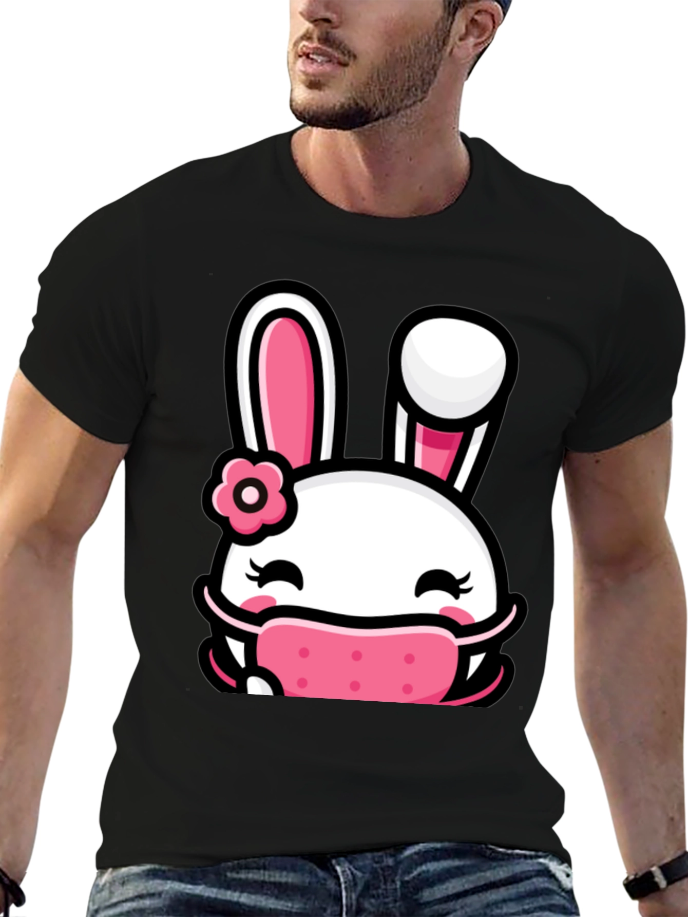 Bunny Face Mask Graphic T-Shirt - Black