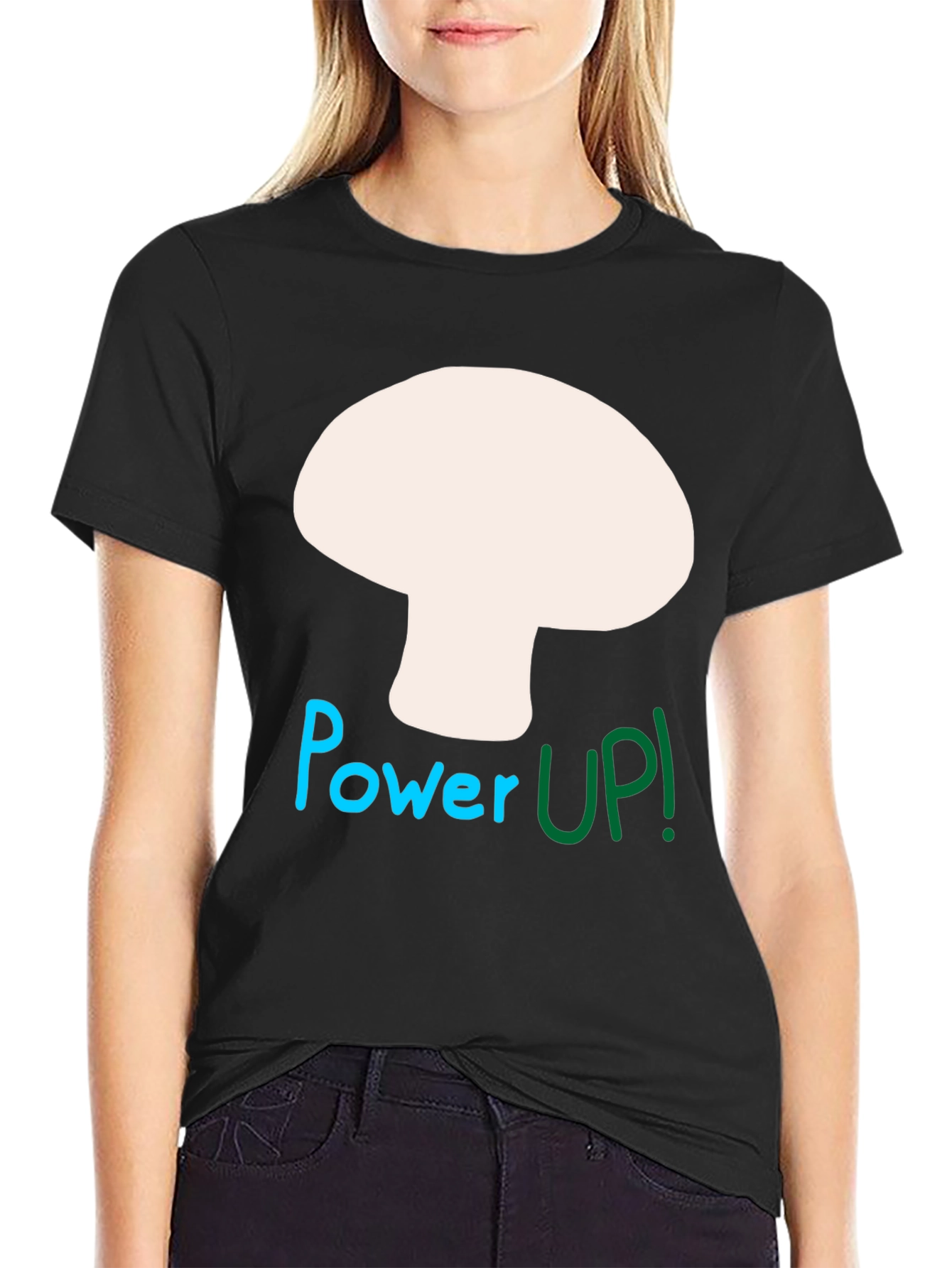 Power Up Mushroom Graphic Tee - Black Cotton Blend