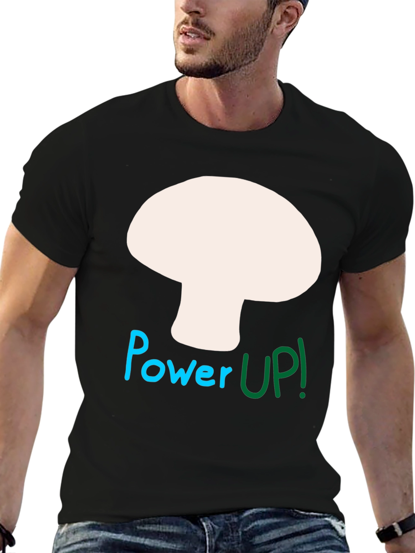 Power Up Mushroom Graphic Tee - Black Cotton Blend