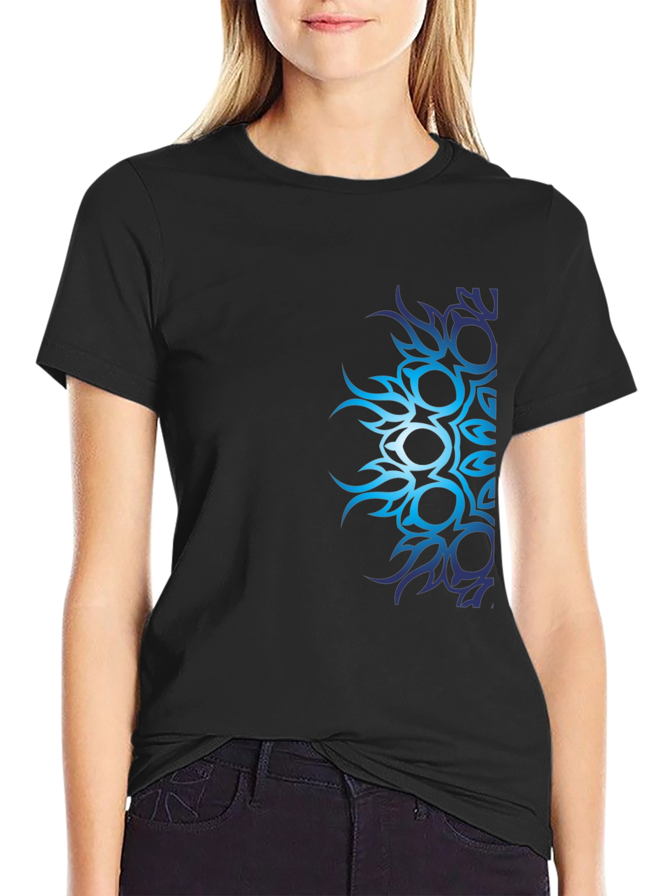 Mens Black T-Shirt with Blue Tribal Design
