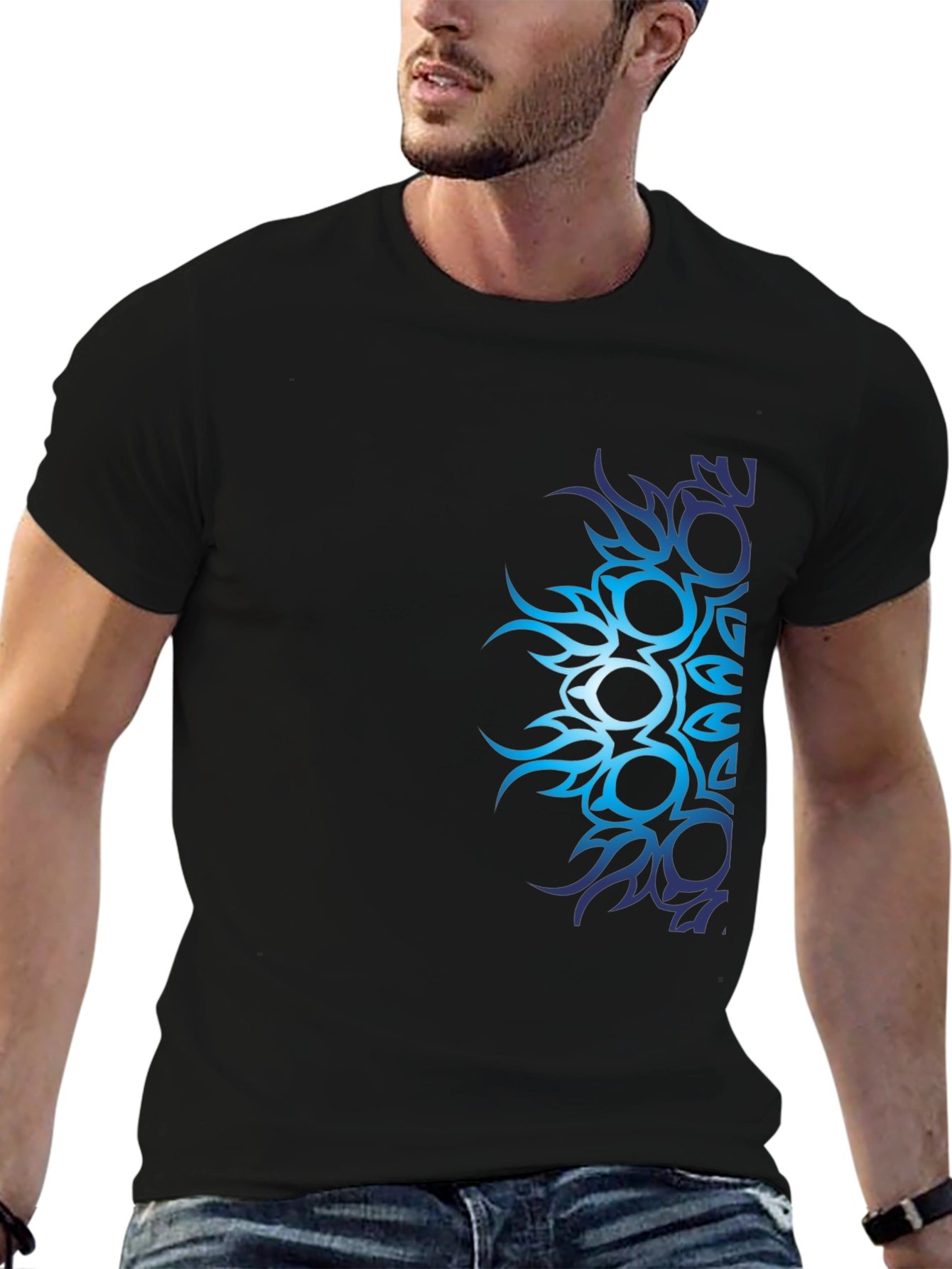 Mens Black T-Shirt with Blue Tribal Design