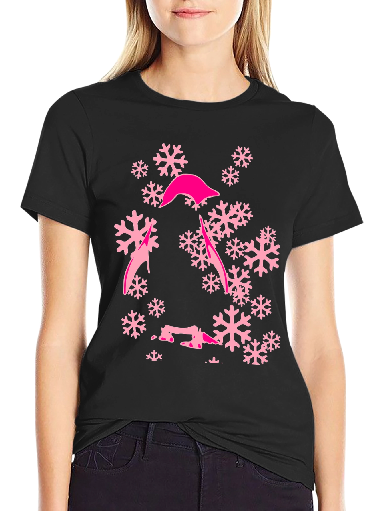 Pink Snowflake Graphic T-Shirt - Stylish Winter Tee