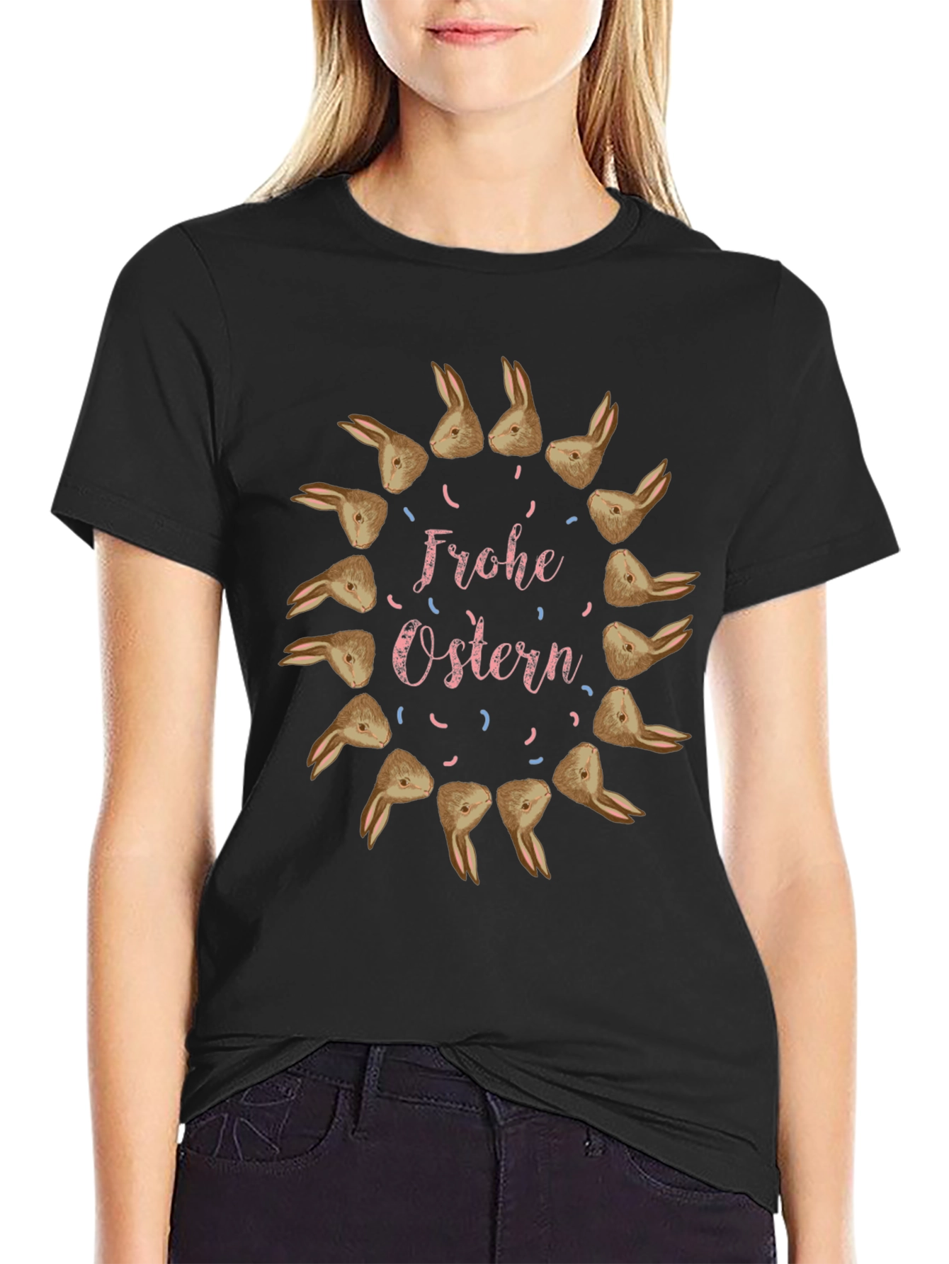 Frohe Ostern Bunny Circle Black Tee
