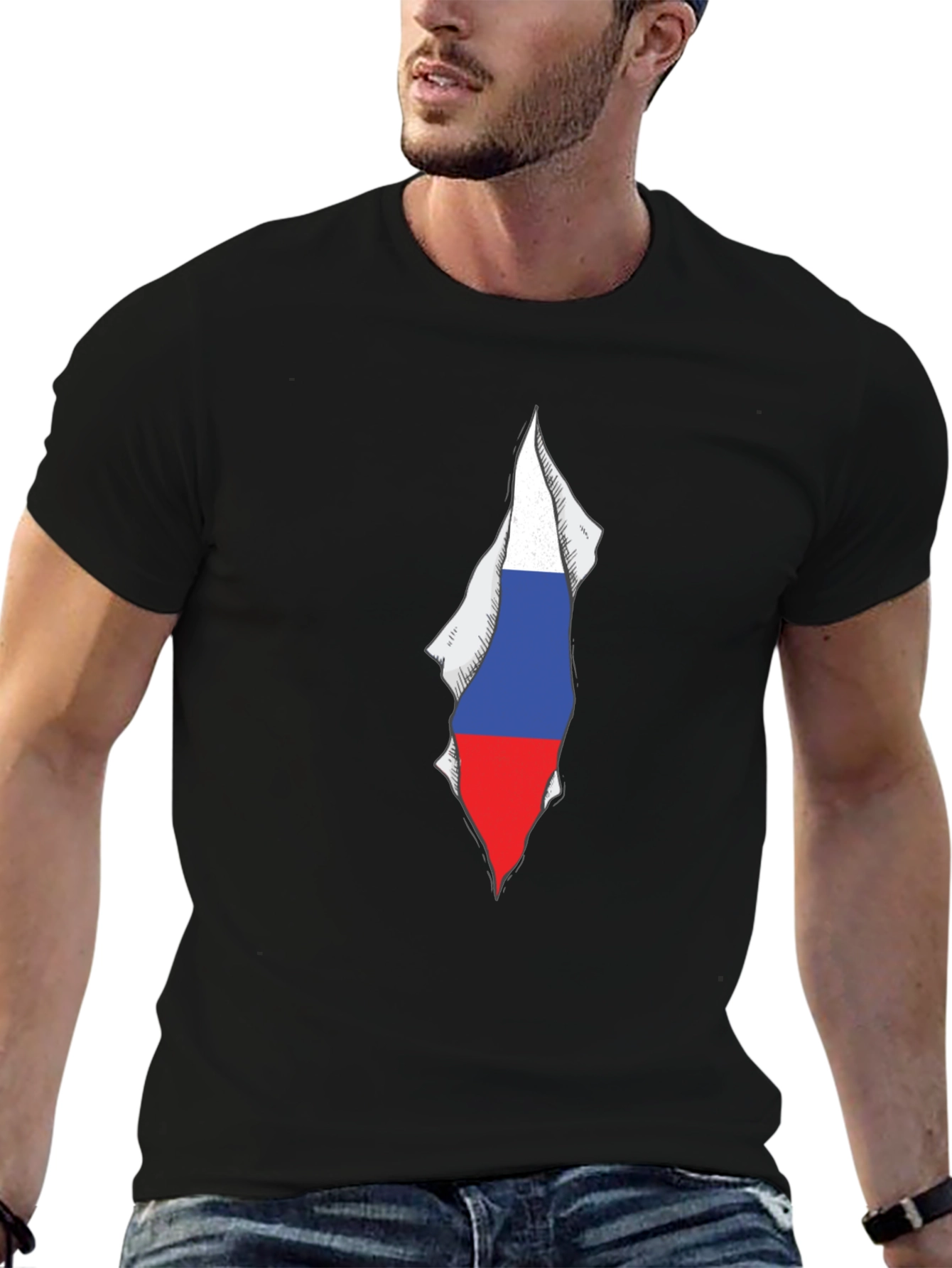 Mens Black Tee with Russia Flag Graphic