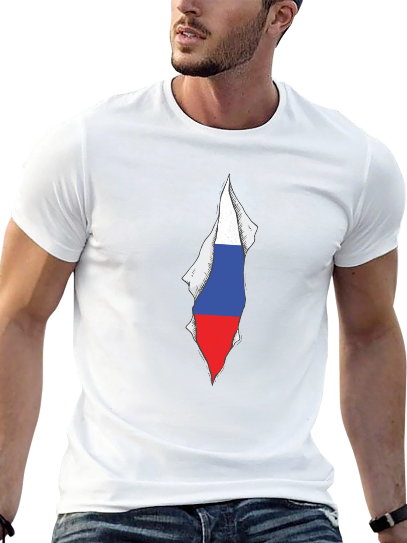 Mens Black Tee with Russia Flag Graphic