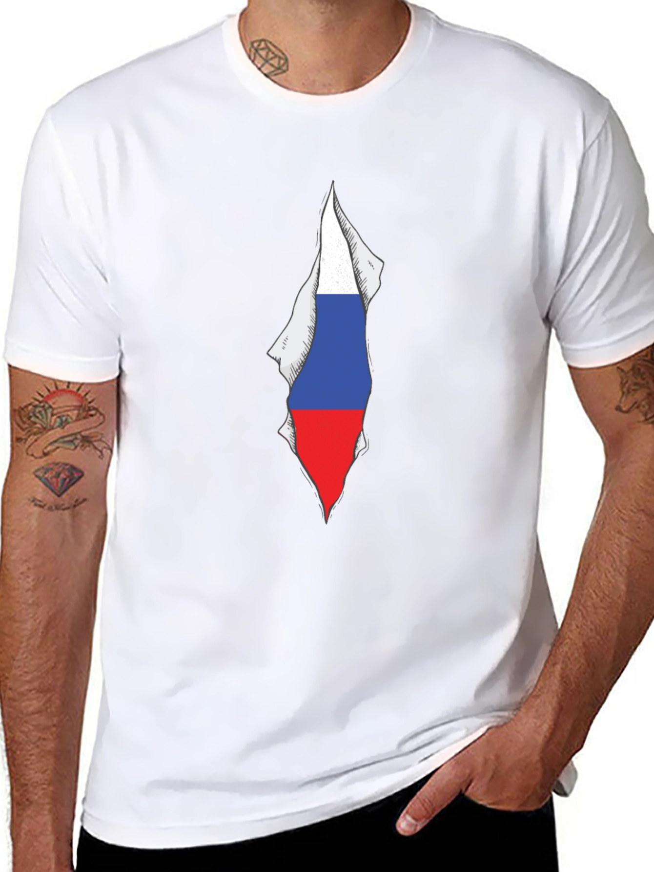 Mens Black Tee with Russia Flag Graphic