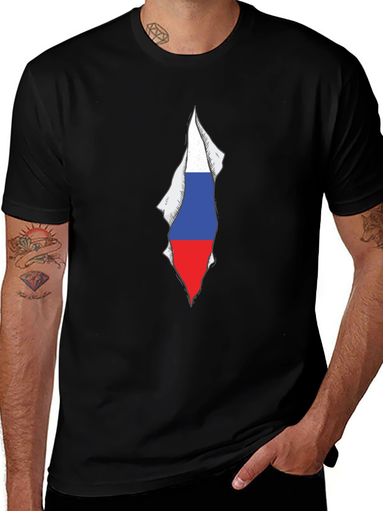 Mens Black Tee with Russia Flag Graphic