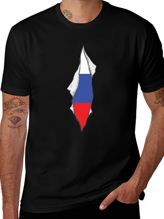 Mens Black Tee with Russia Flag Graphic