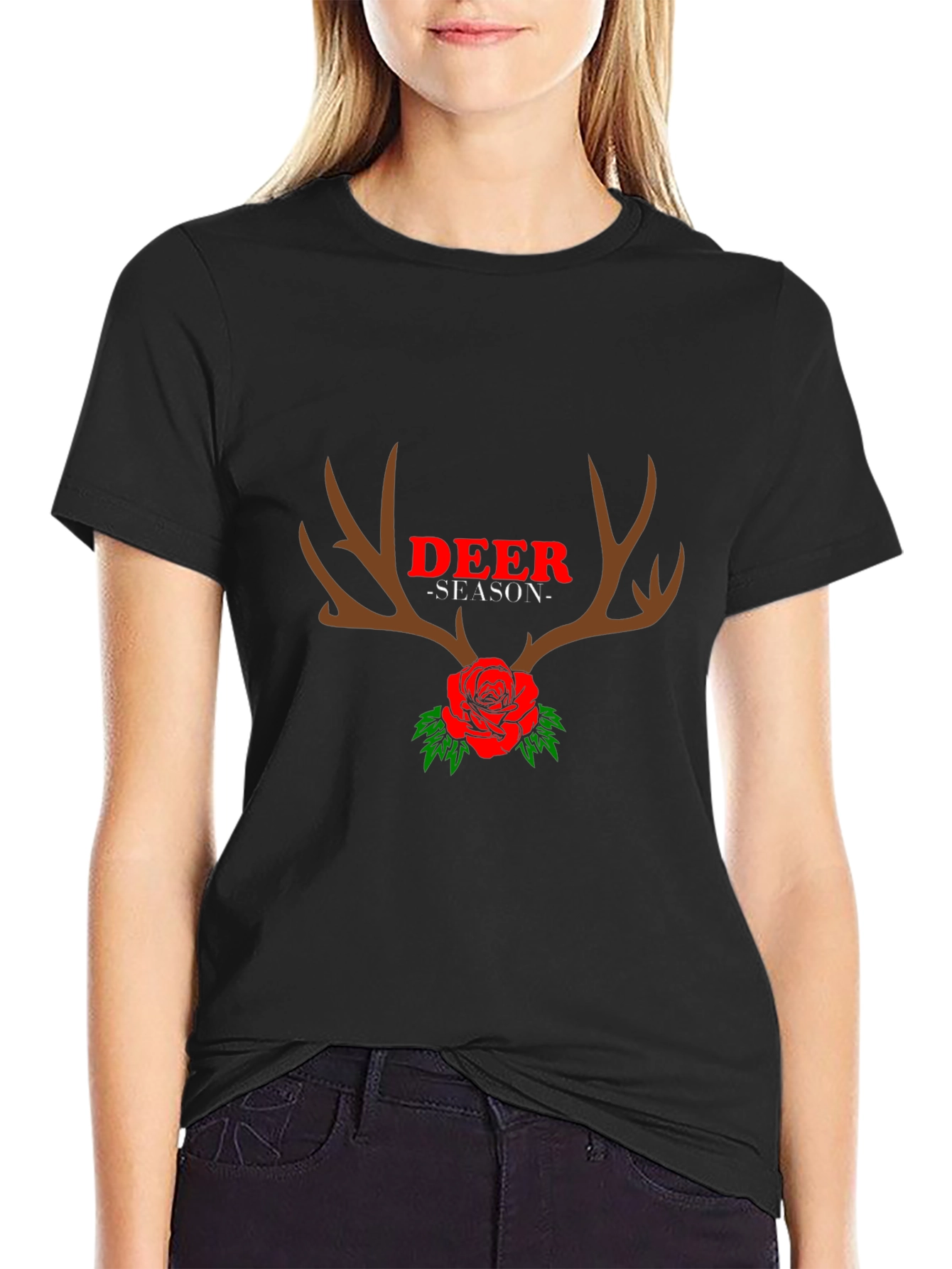 Deer Season Rose Antlers Graphic Tee - Black