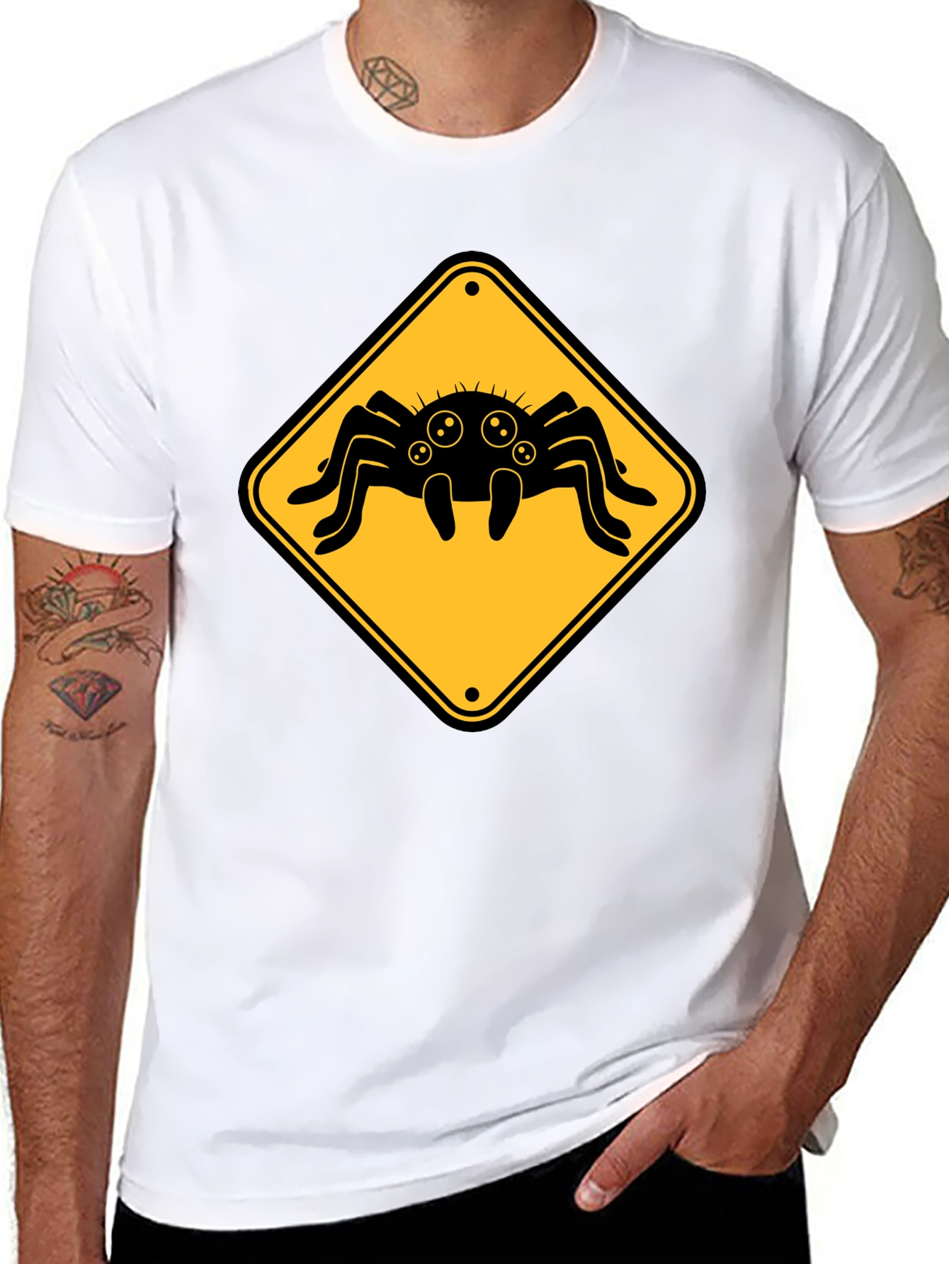 Spider Warning Sign T-Shirt - Black Cotton Tee