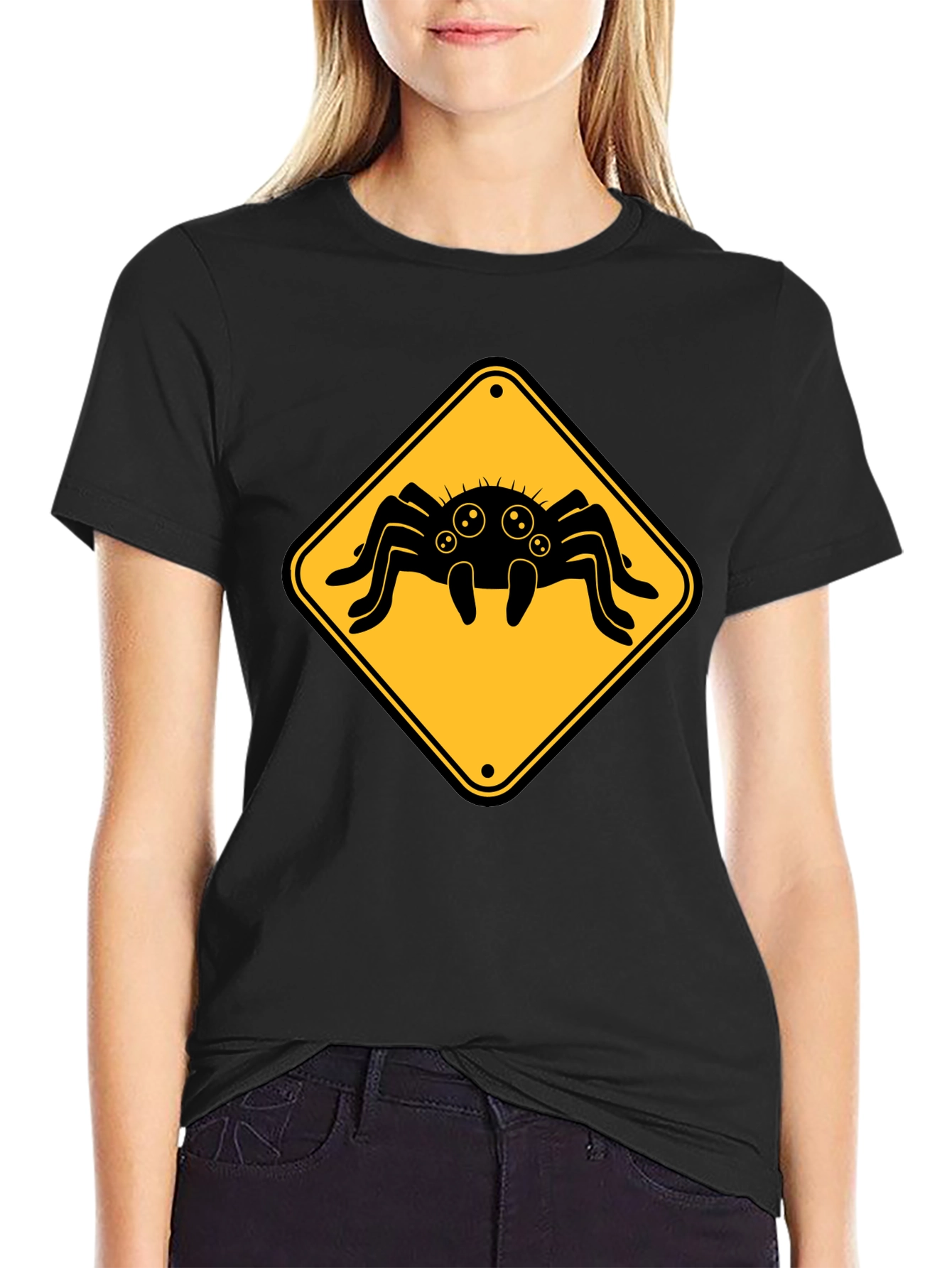 Spider Warning Sign T-Shirt - Black Cotton Tee