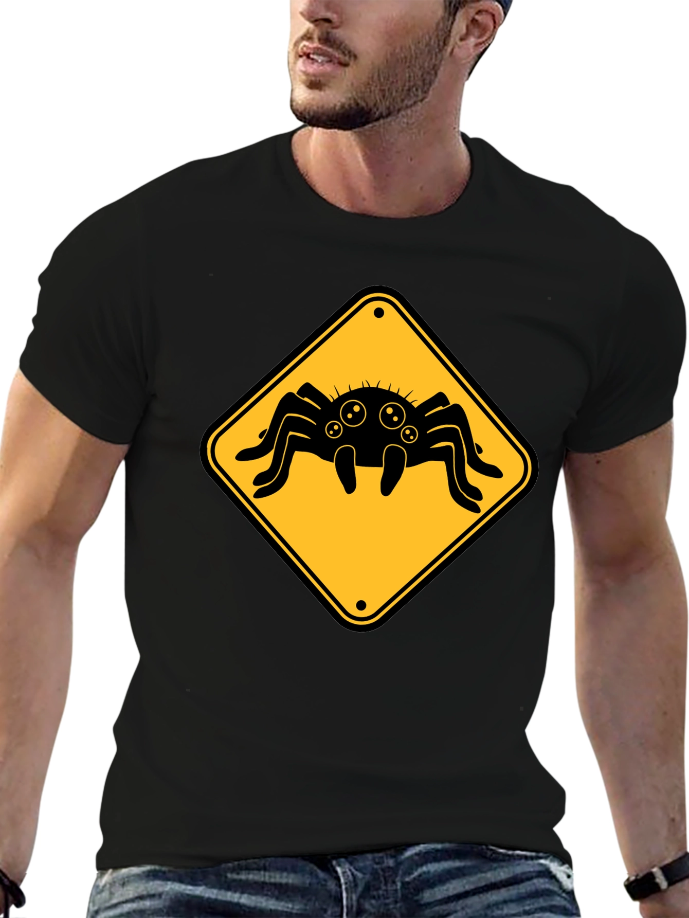 Spider Warning Sign T-Shirt - Black Cotton Tee
