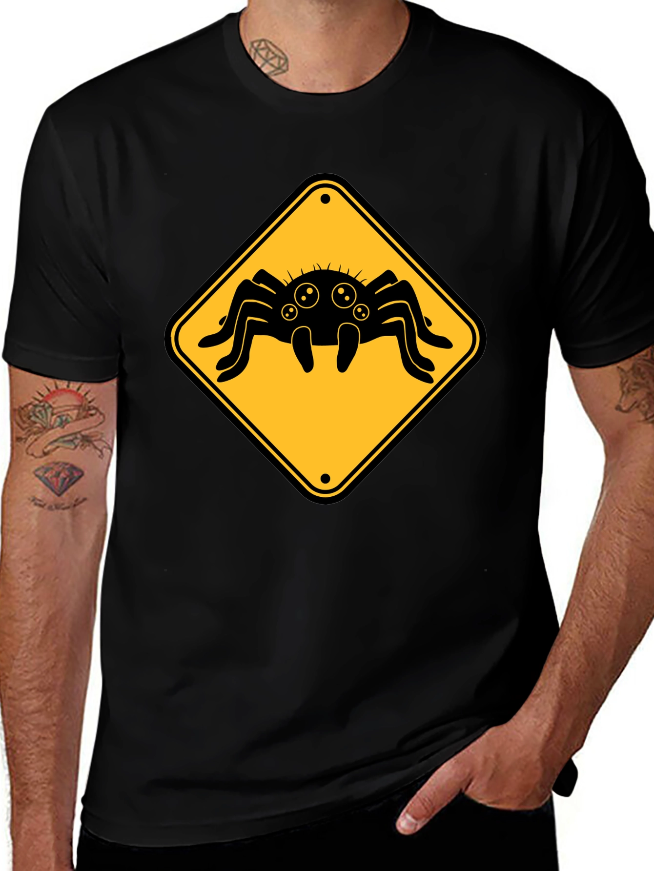 Spider Warning Sign T-Shirt - Black Cotton Tee