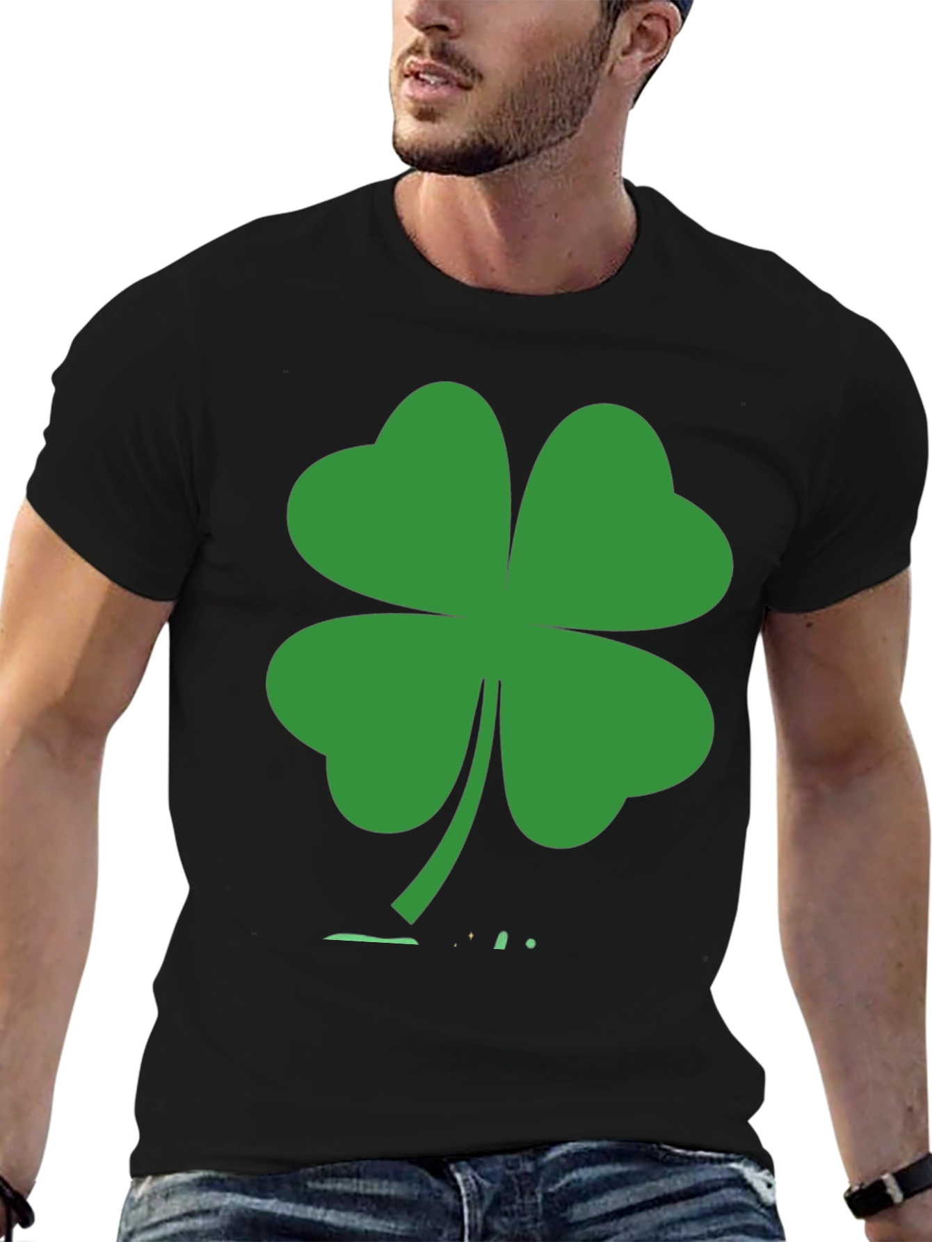 St. Patricks Day Black T-Shirt with Green Clover Design
