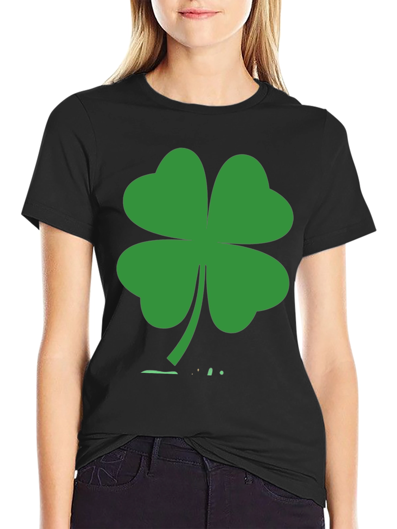 St. Patricks Day Black T-Shirt with Green Clover Design