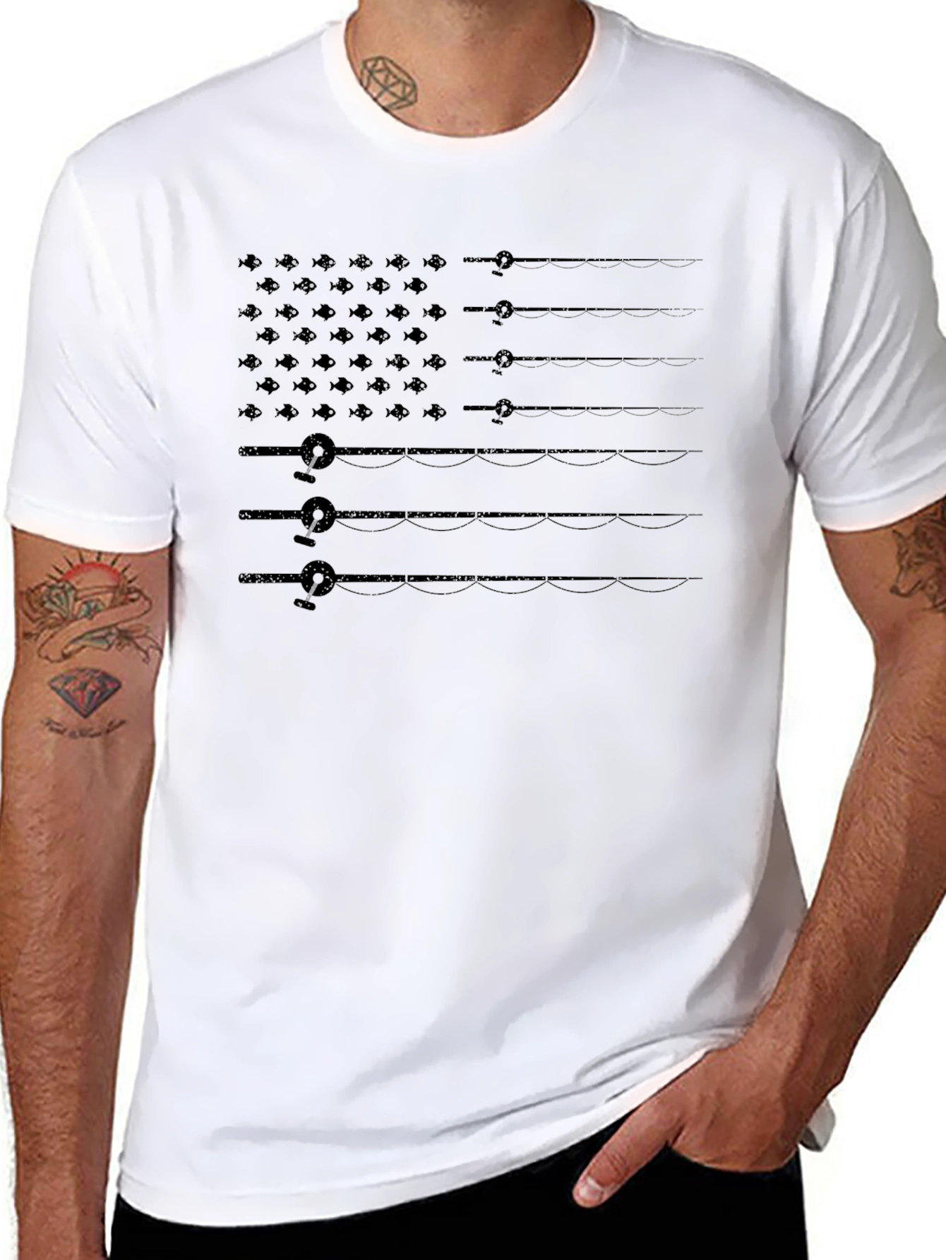 Fishing Rod & Fish American Flag Graphic T-Shirt