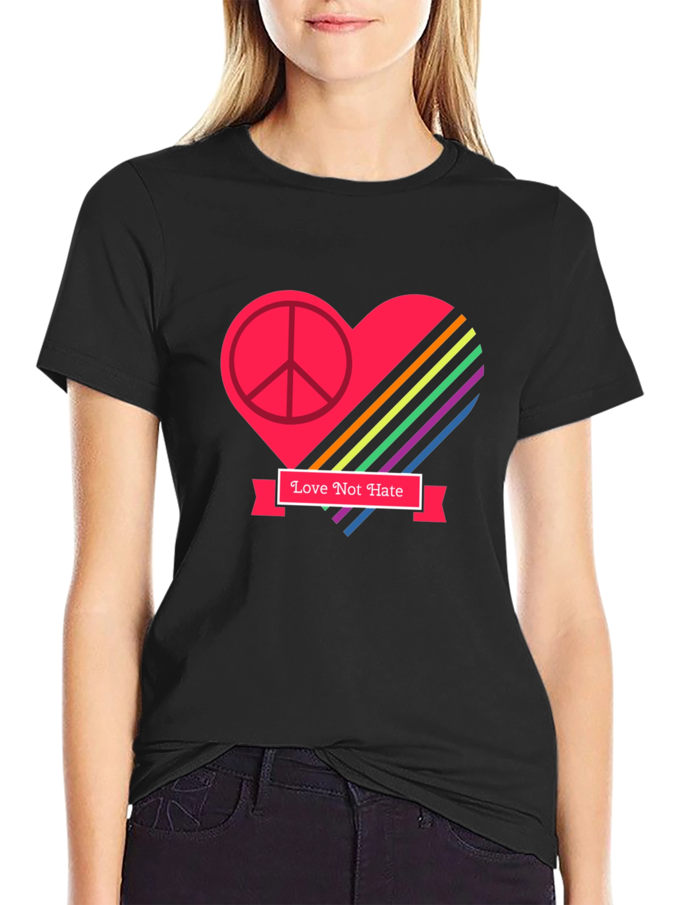 Love Not Hate Peace Heart Graphic Black T-Shirt