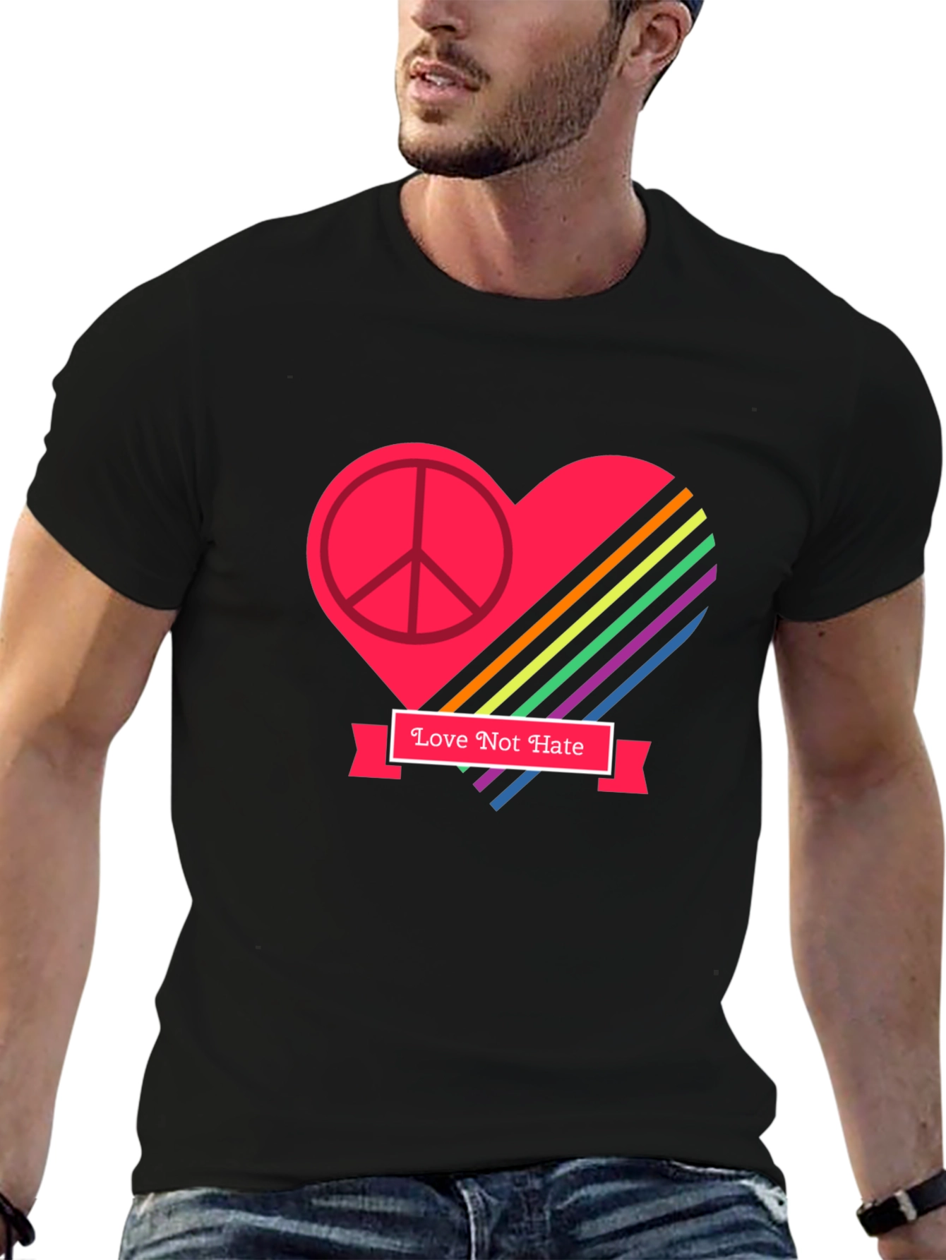 Love Not Hate Peace Heart Graphic Black T-Shirt