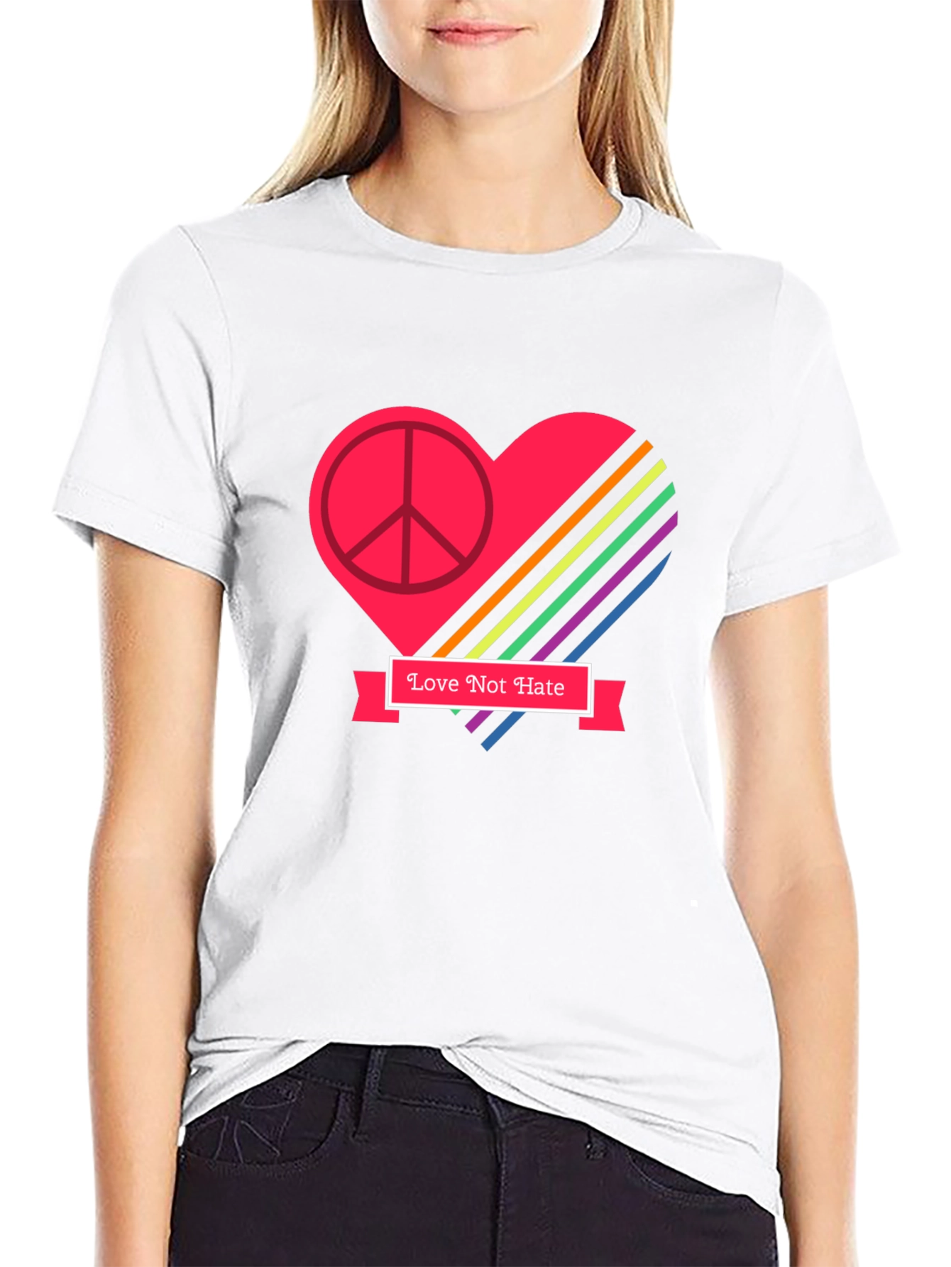 Love Not Hate Peace Heart Graphic Black T-Shirt