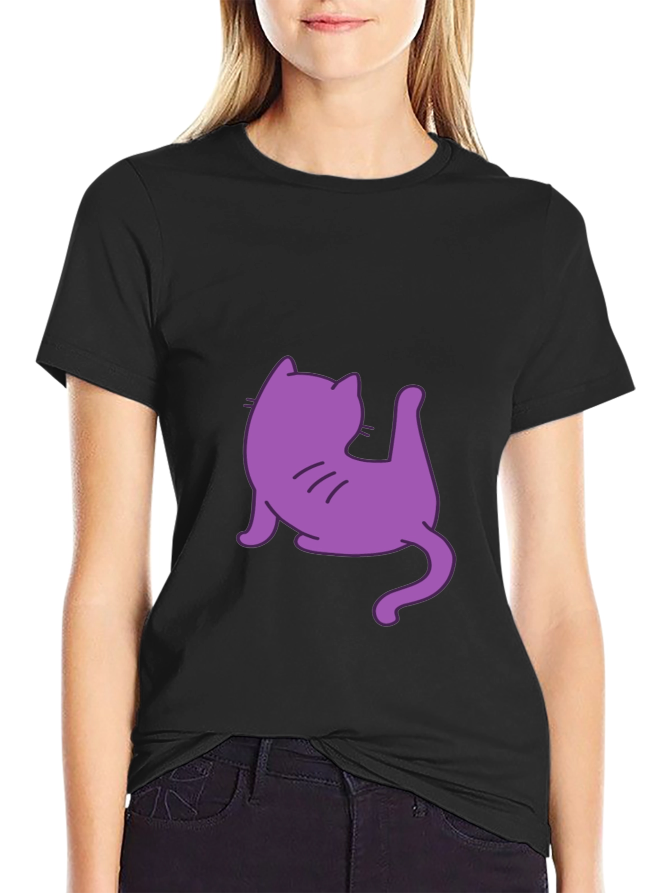 Mens Black T-Shirt with Purple Cat Design