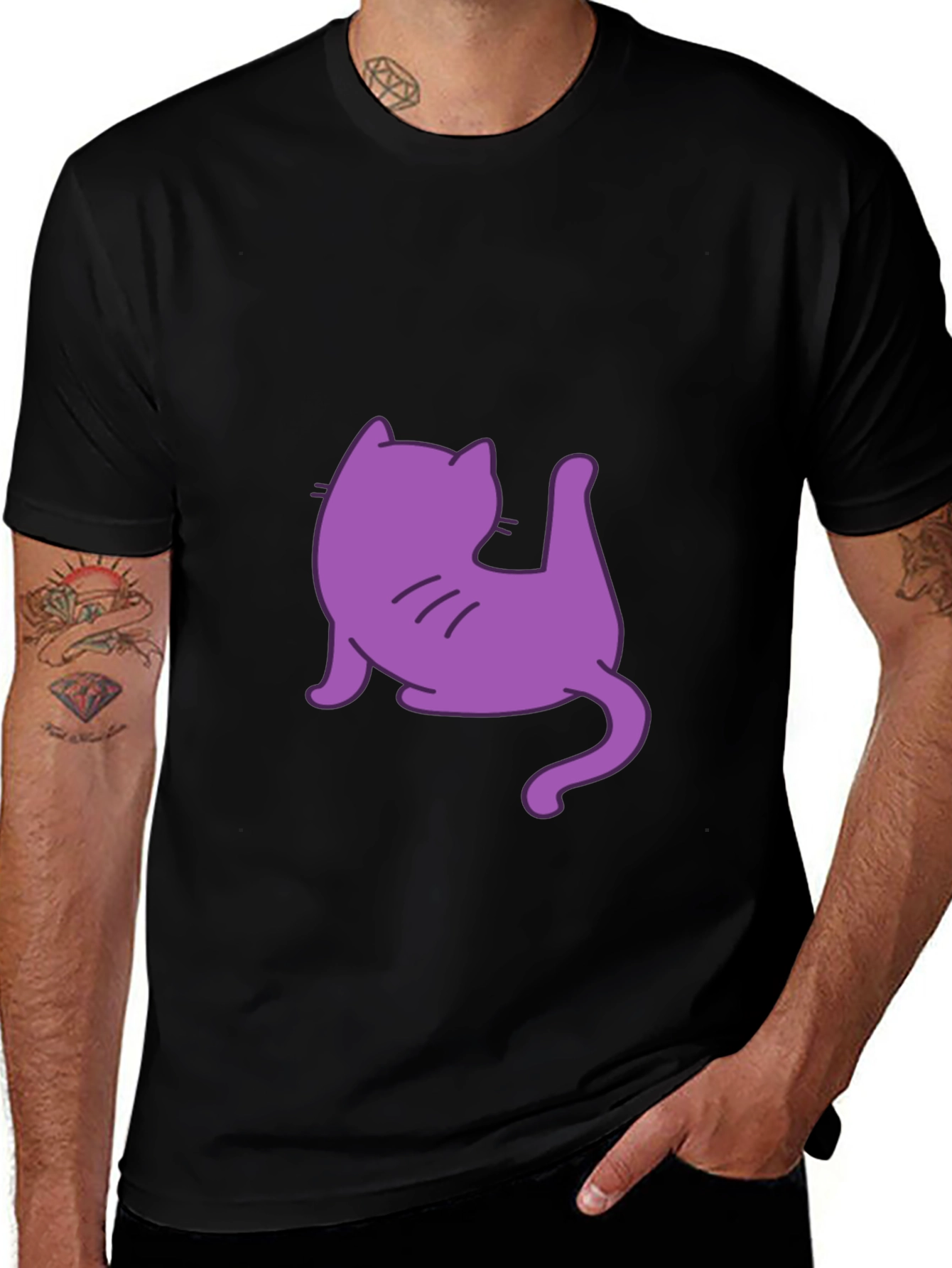 Mens Black T-Shirt with Purple Cat Design