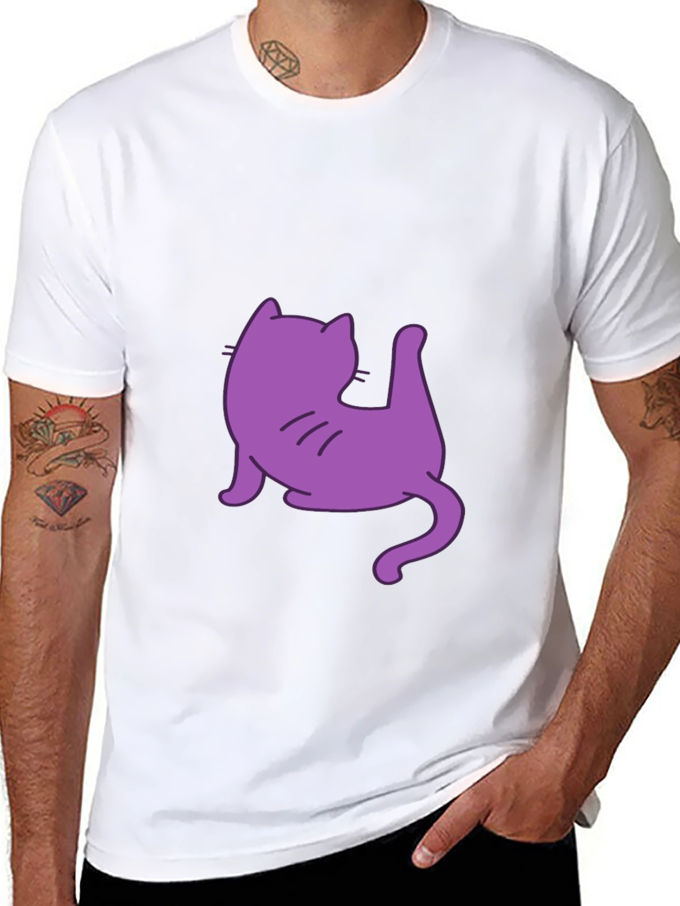 Mens Black T-Shirt with Purple Cat Design