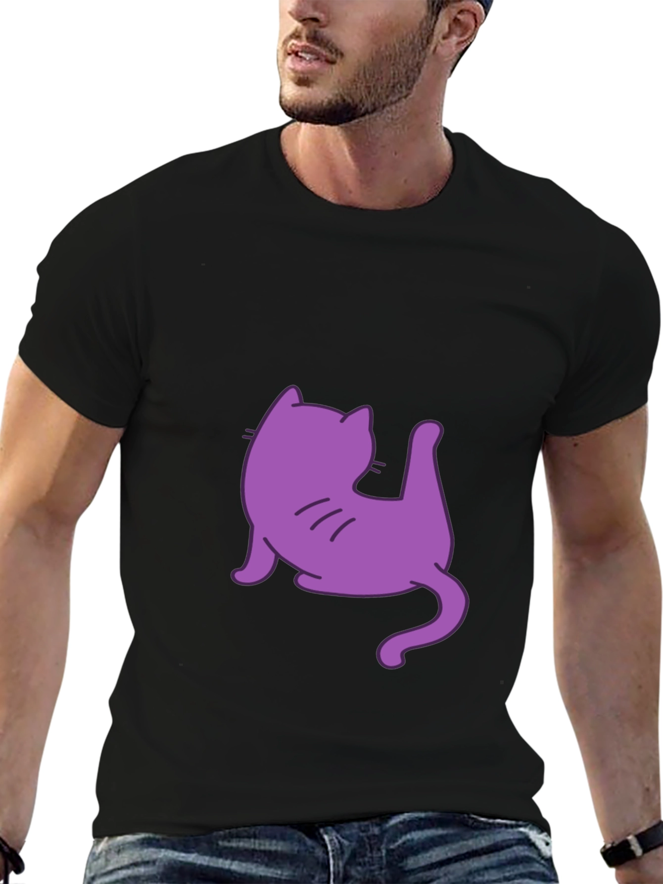 Mens Black T-Shirt with Purple Cat Design