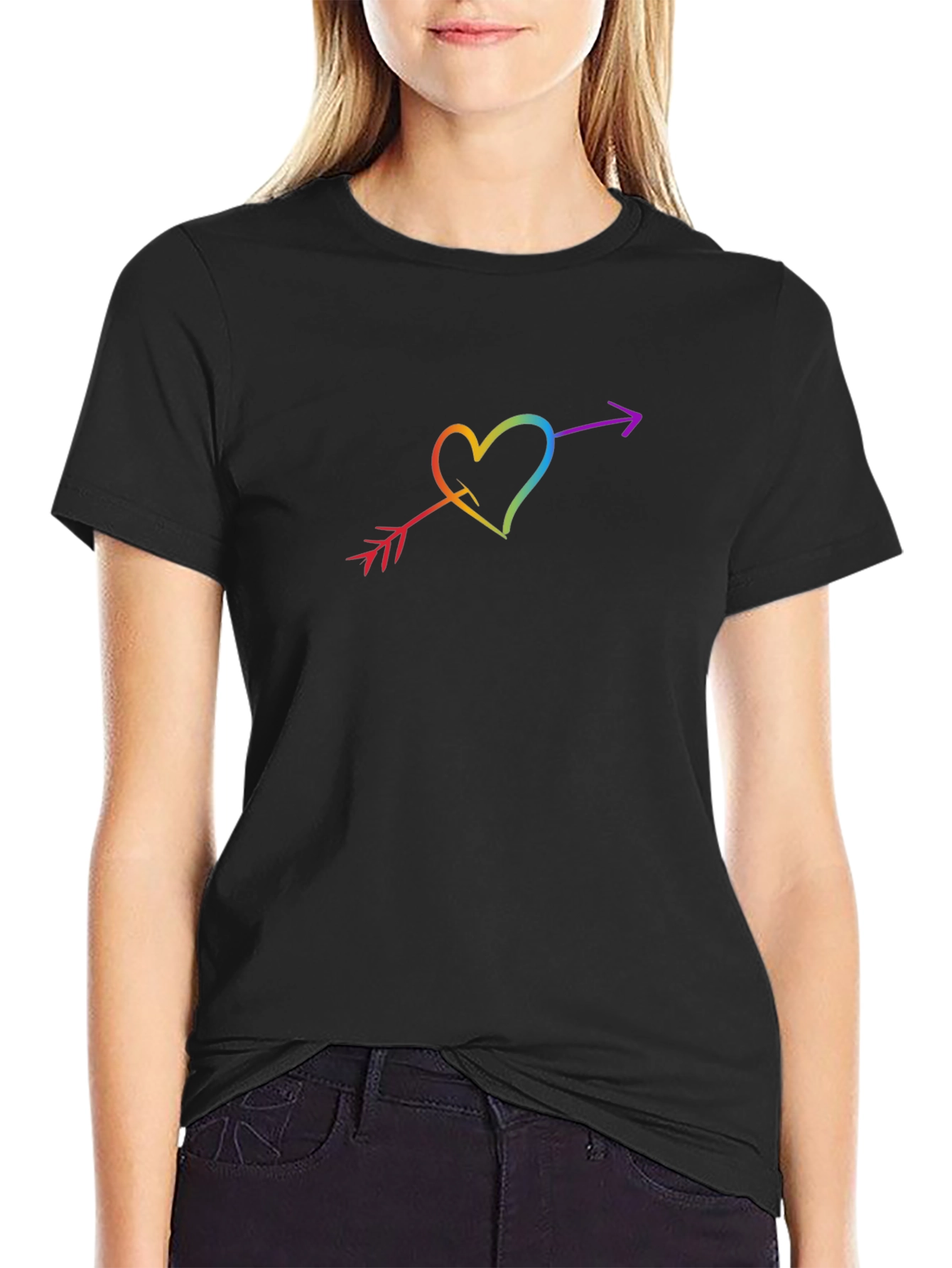 Rainbow Heart Arrow Graphic Black T-Shirt