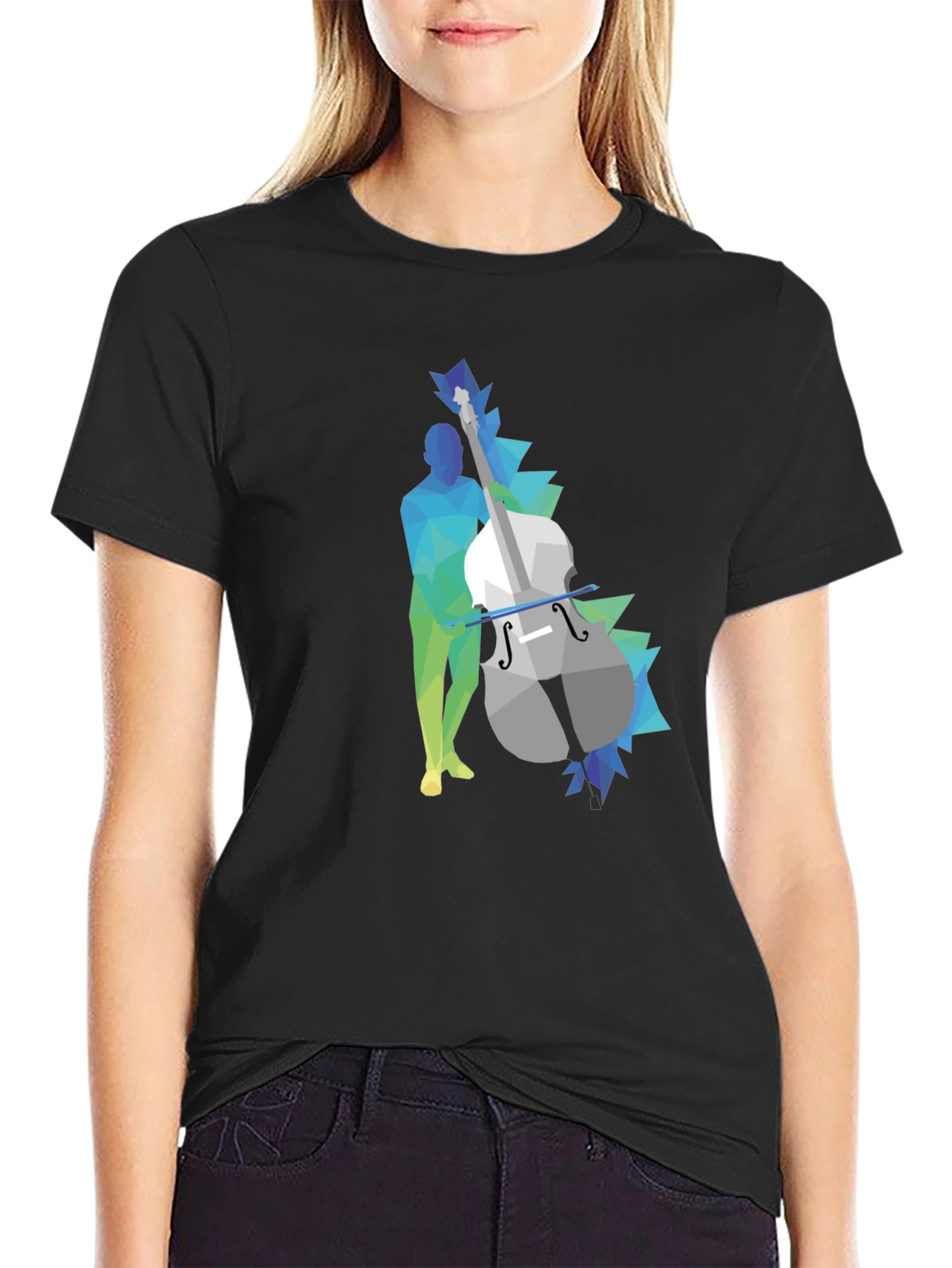 Geometric Bass Player Graphic Tee - Modern Art Style