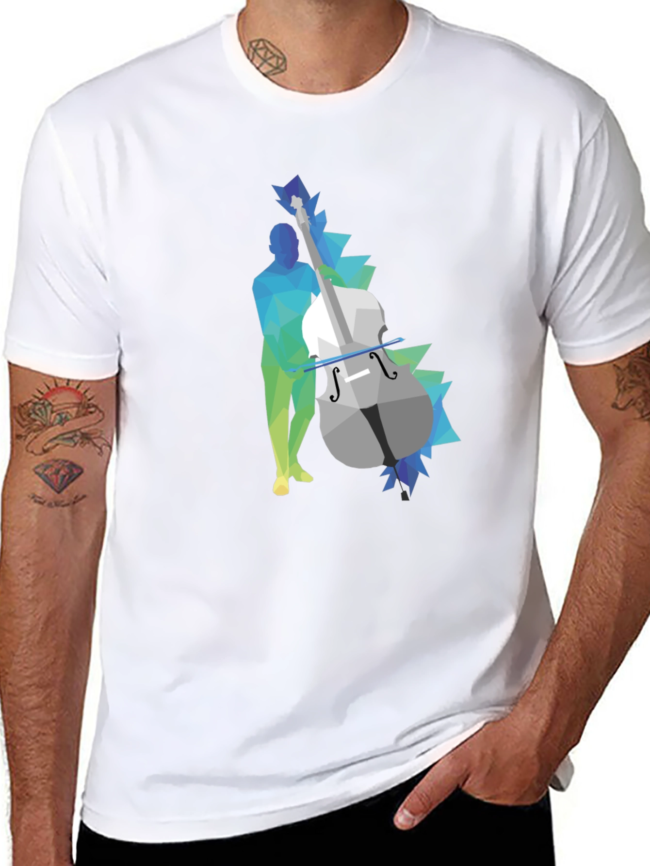 Geometric Bass Player Graphic Tee - Modern Art Style