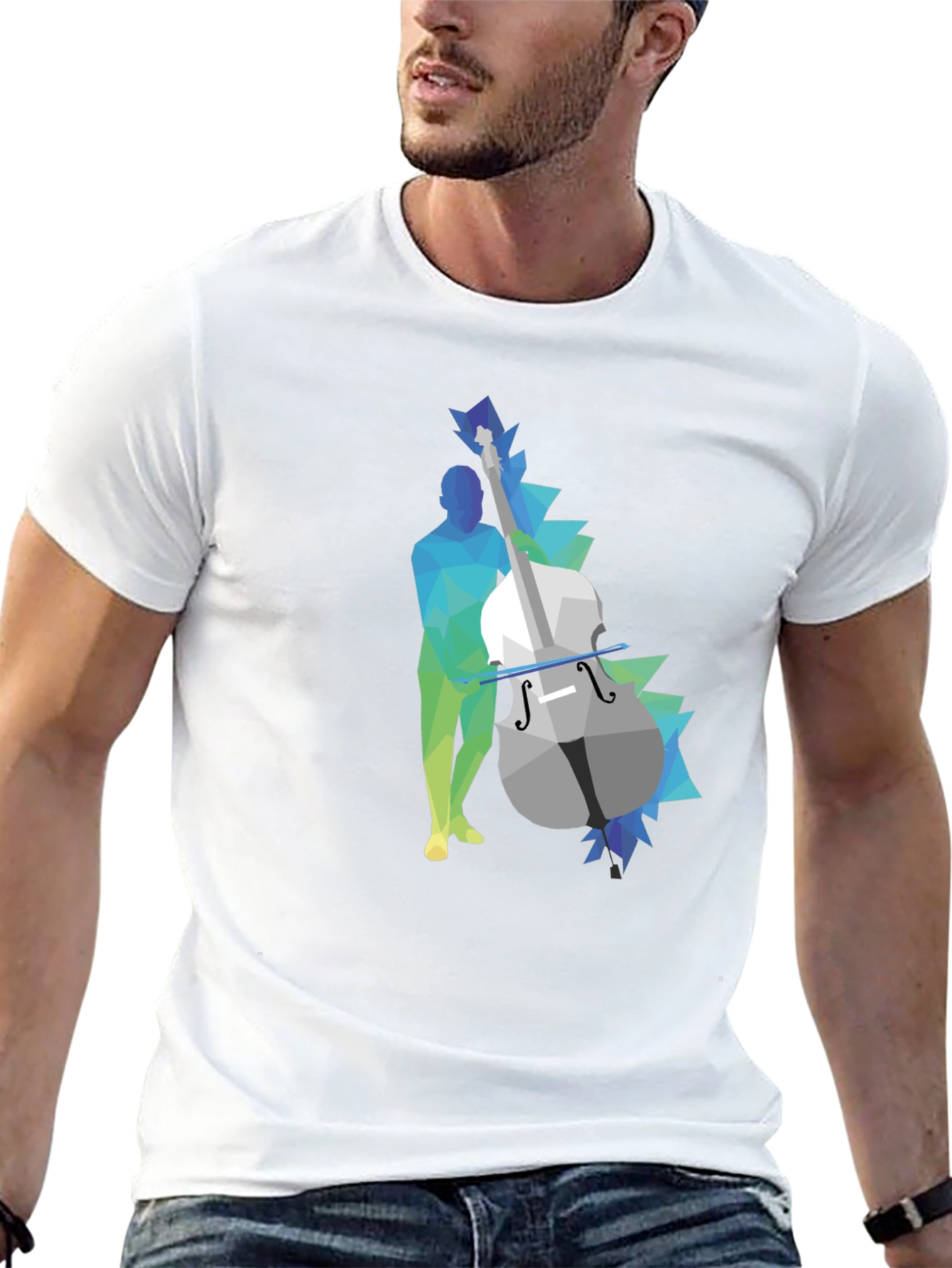 Geometric Bass Player Graphic Tee - Modern Art Style