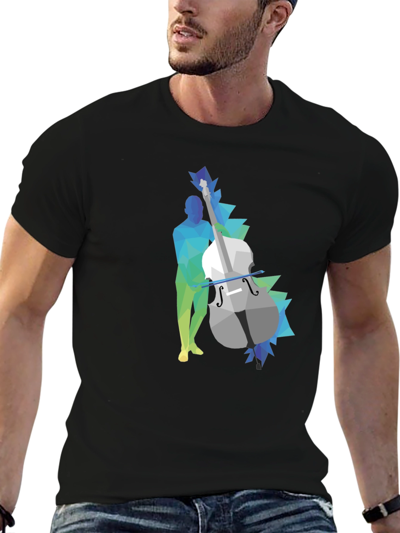 Geometric Bass Player Graphic Tee - Modern Art Style